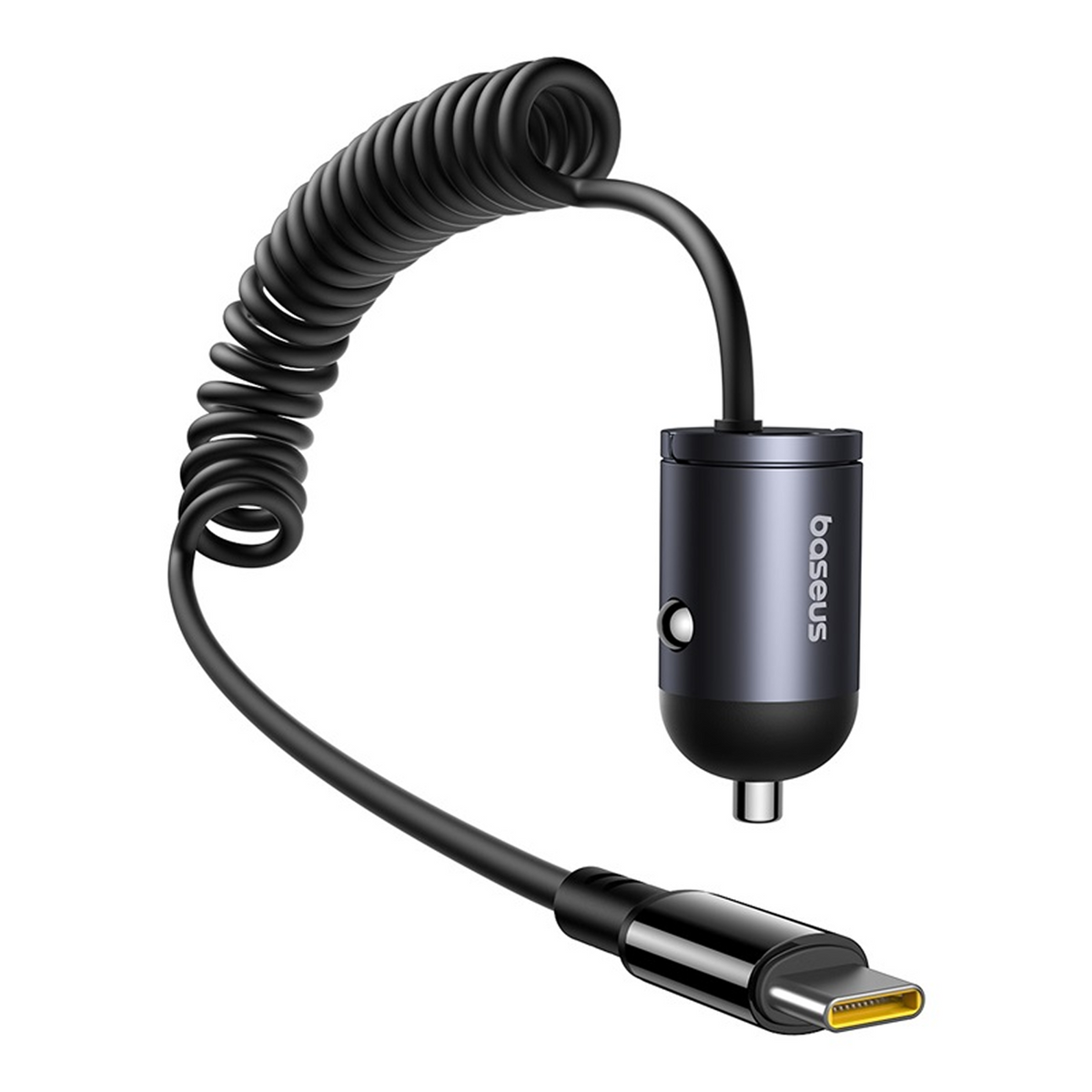 Un caricabatterie per auto nero con cavo a spirale. Il caricabatterie ha un connettore USB-C. Il marchio 'Baseus' è visibile.