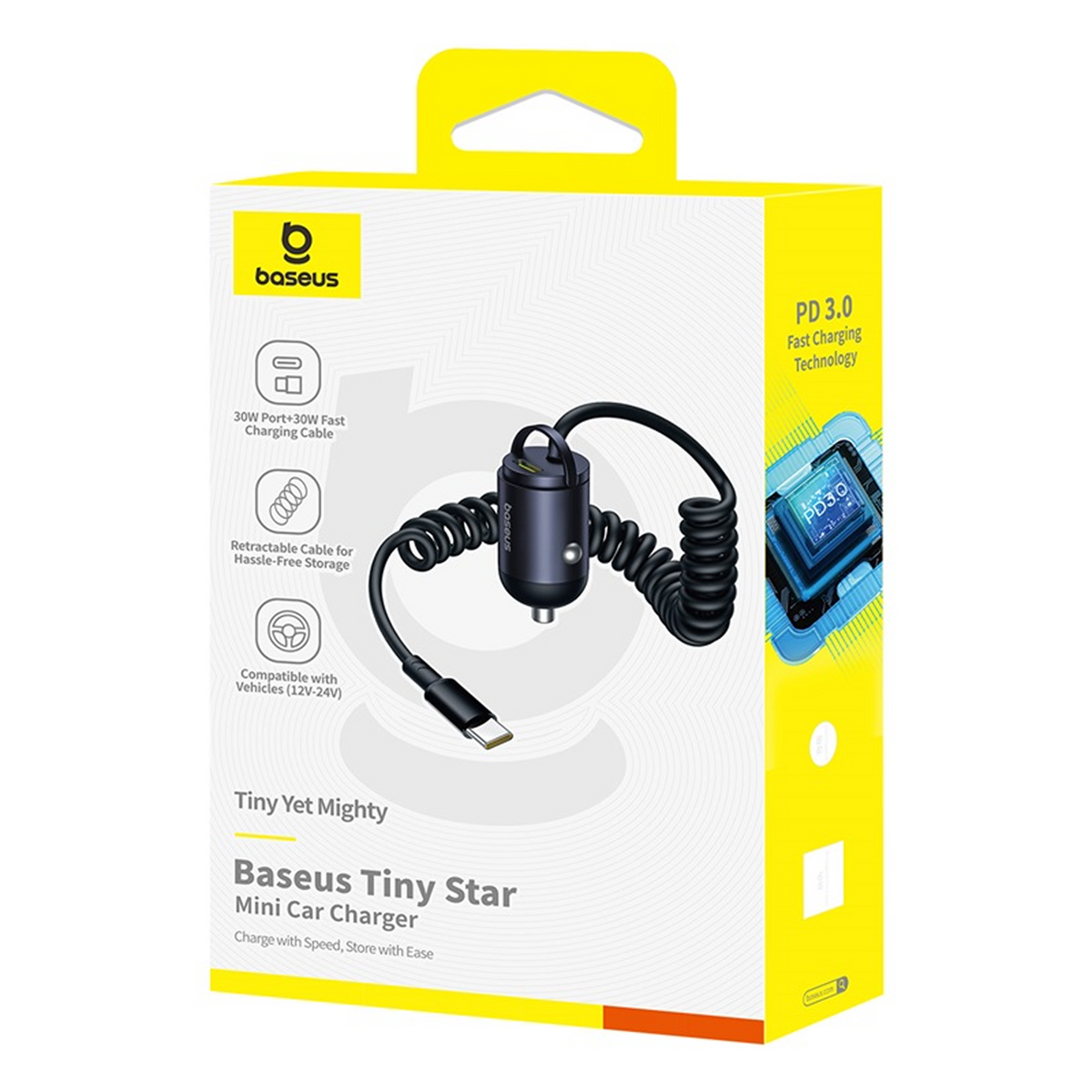 Una scatola Baseus gialla e bianca. Mostra un caricabatteria per auto nero con cavo retrattile. Il testo include 'Tiny Star' e 'PD 3.0'.