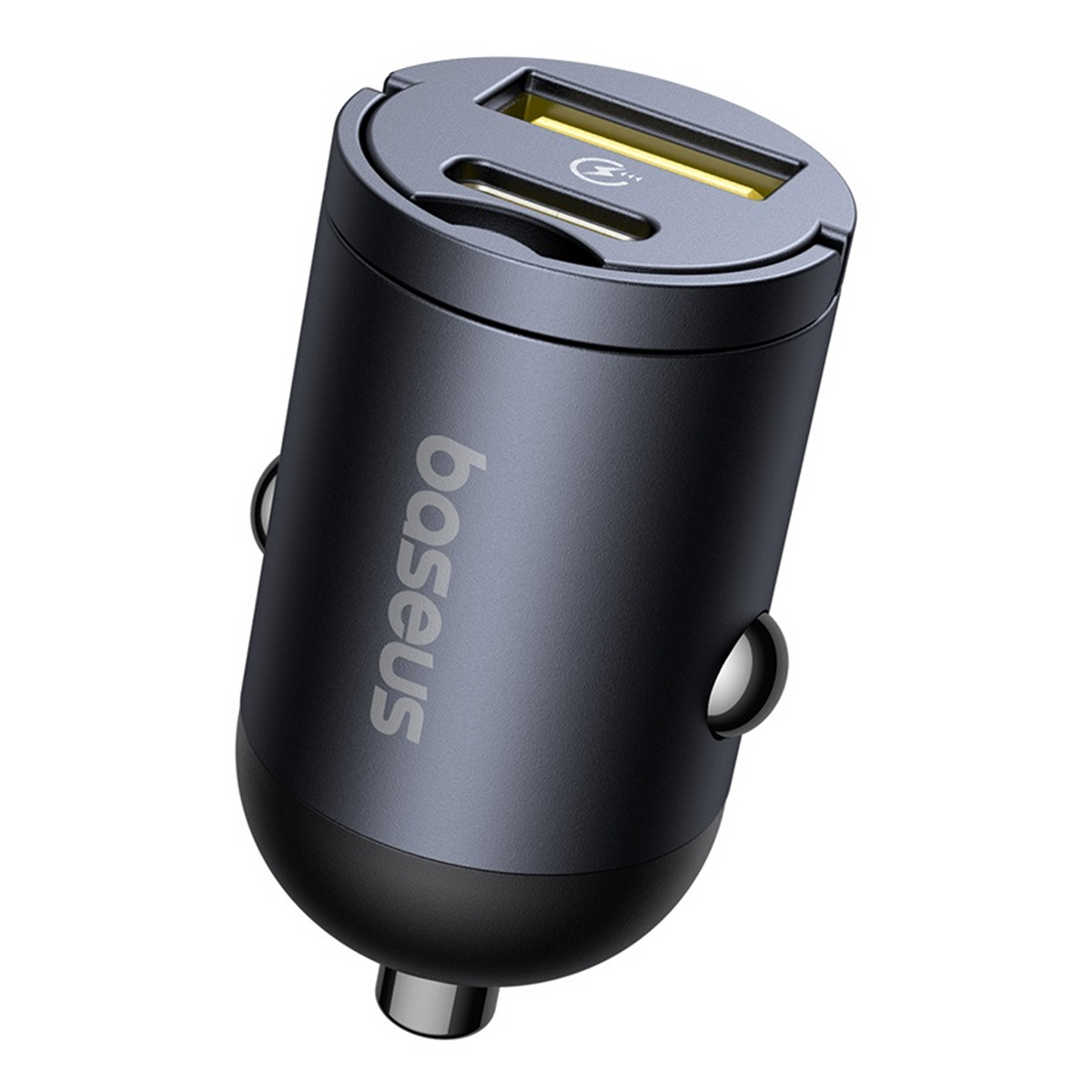 Un caricabatterie per auto Baseus grigio scuro con due porte USB. La parte superiore è nera e ha una base argentata. Il logo è visibile.