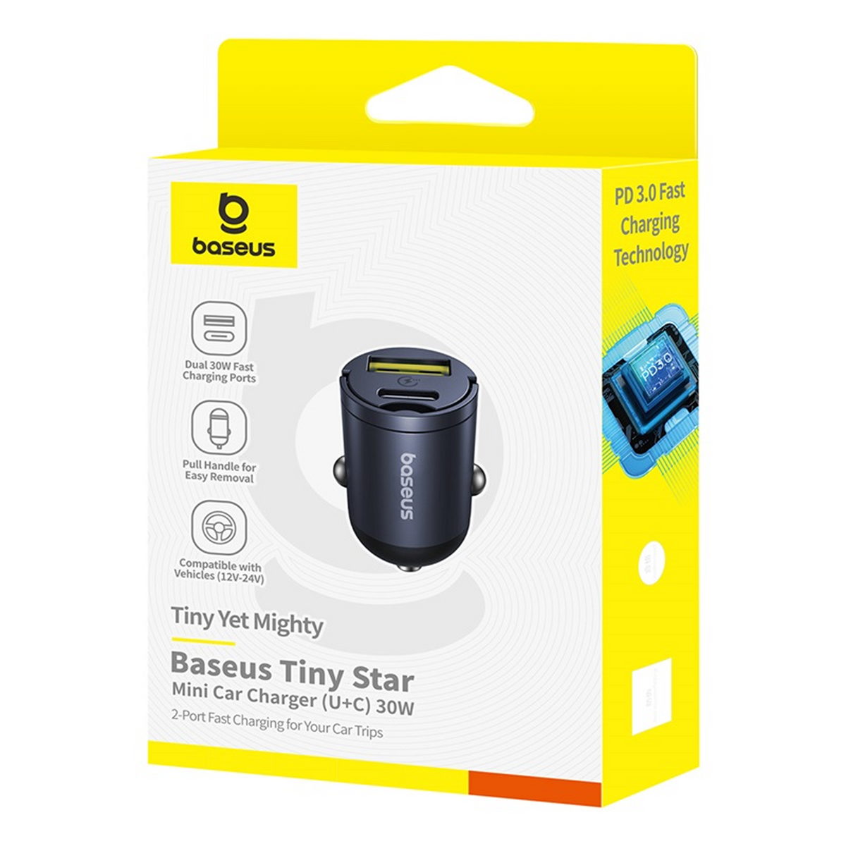 Una scatola del caricabatterie per auto Baseus. È gialla e bianca. Il caricabatterie è nero. Il testo sulla scatola include 'Tiny Yet Mighty' e 'PD 3.0'.