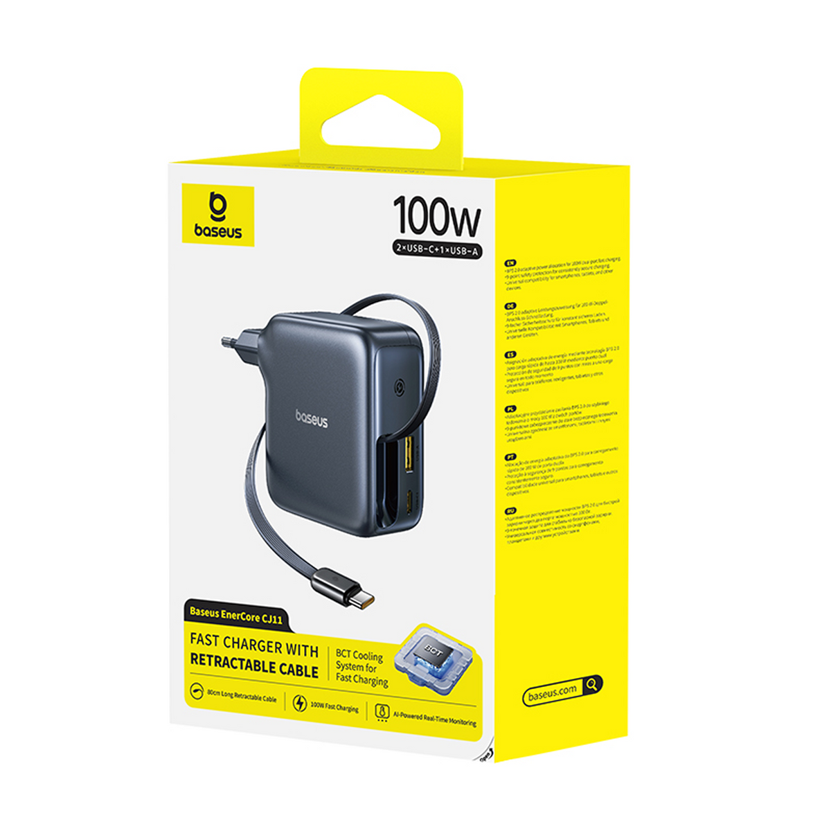 Un caricatore rapido Baseus da 100W, nero, con cavo retrattile, in una scatola gialla. Il testo sulla scatola include 'Fast Charger' e 'BCT Cooling'.