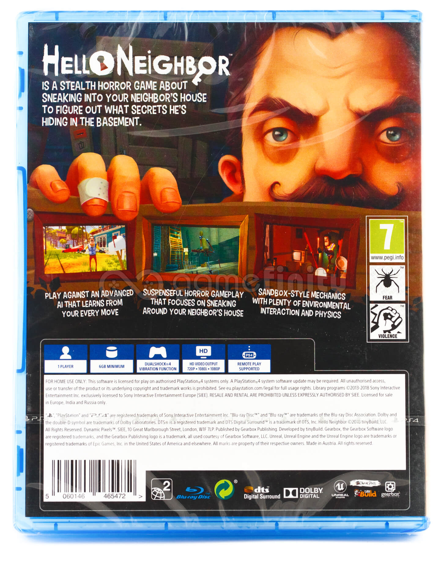 Grafika pudełka z grą. Pokazuje karykaturalną twarz, palce i tekst o skradance horroru.