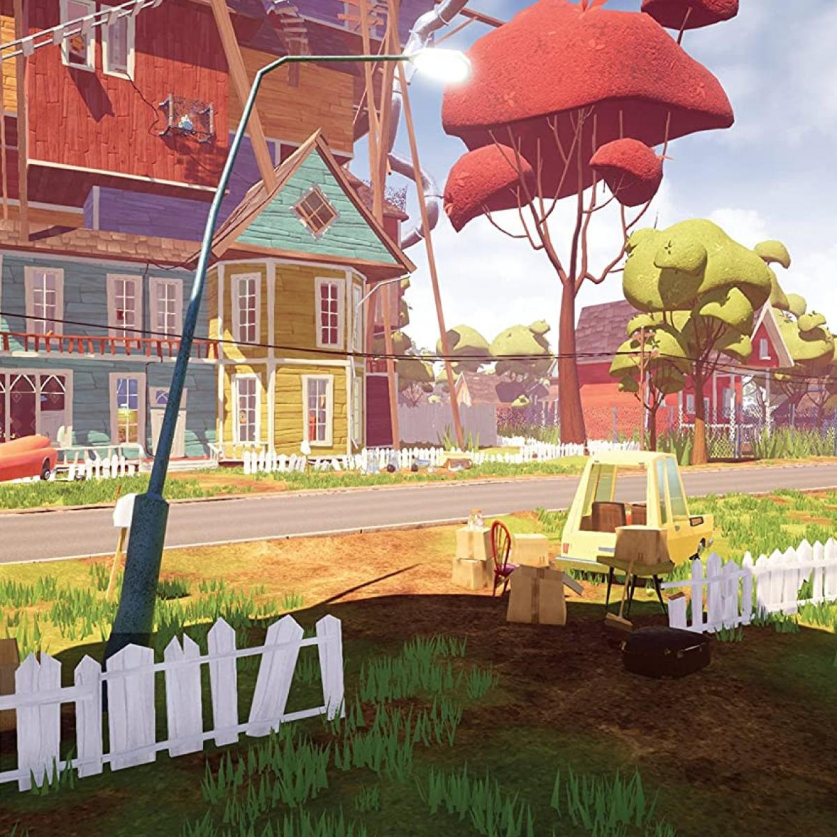 Kreskówkowa okolica z kolorowymi domami, drzewami i żółtym samochodem. Latarnia uliczna i białe płoty znajdują się na pierwszym planie.