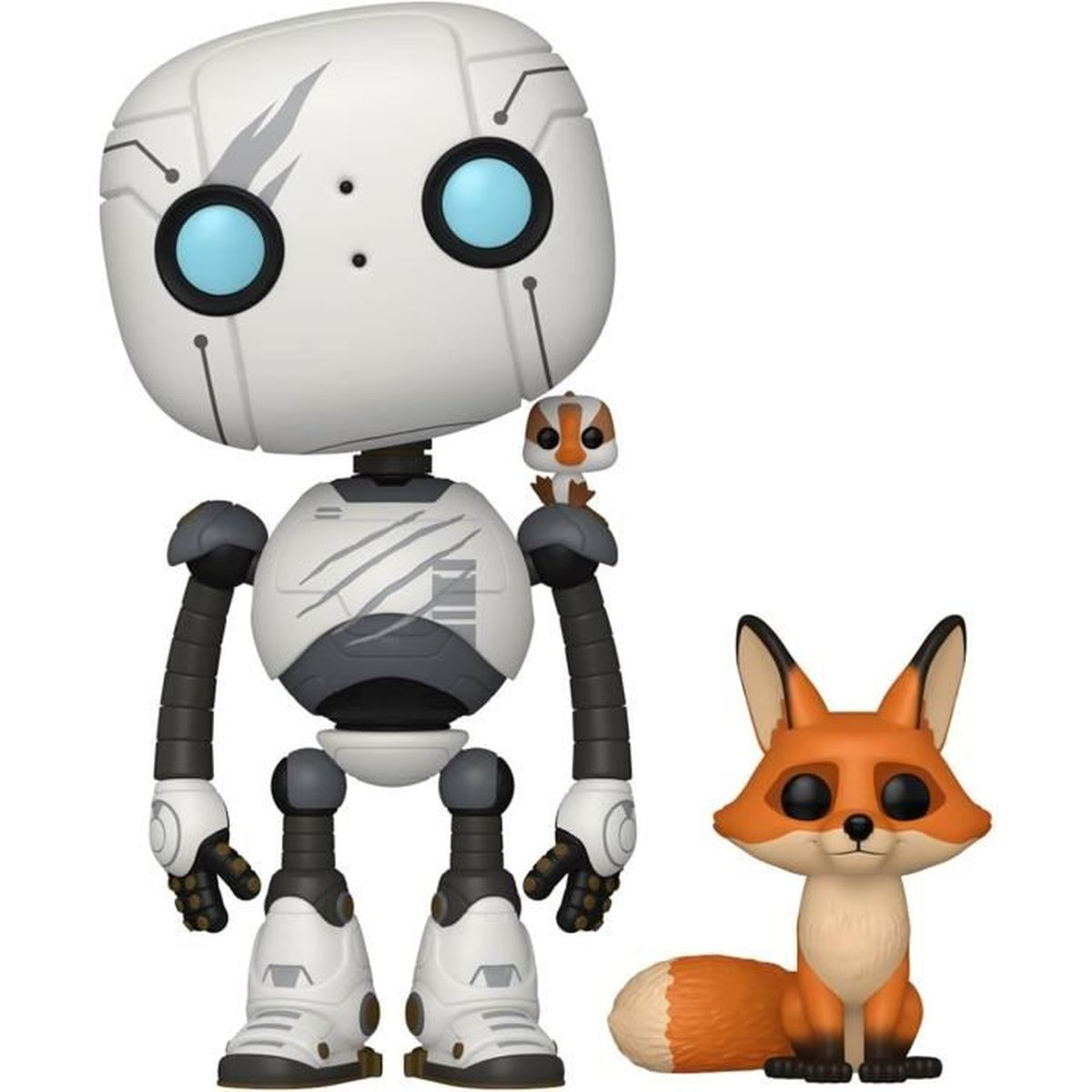 Ein weißes Roboterspielzeug mit blauen Augen, ein kleiner Vogel und eine orangefarbene Fuchsstatuette auf weißem Hintergrund. Der Fuchs sitzt.