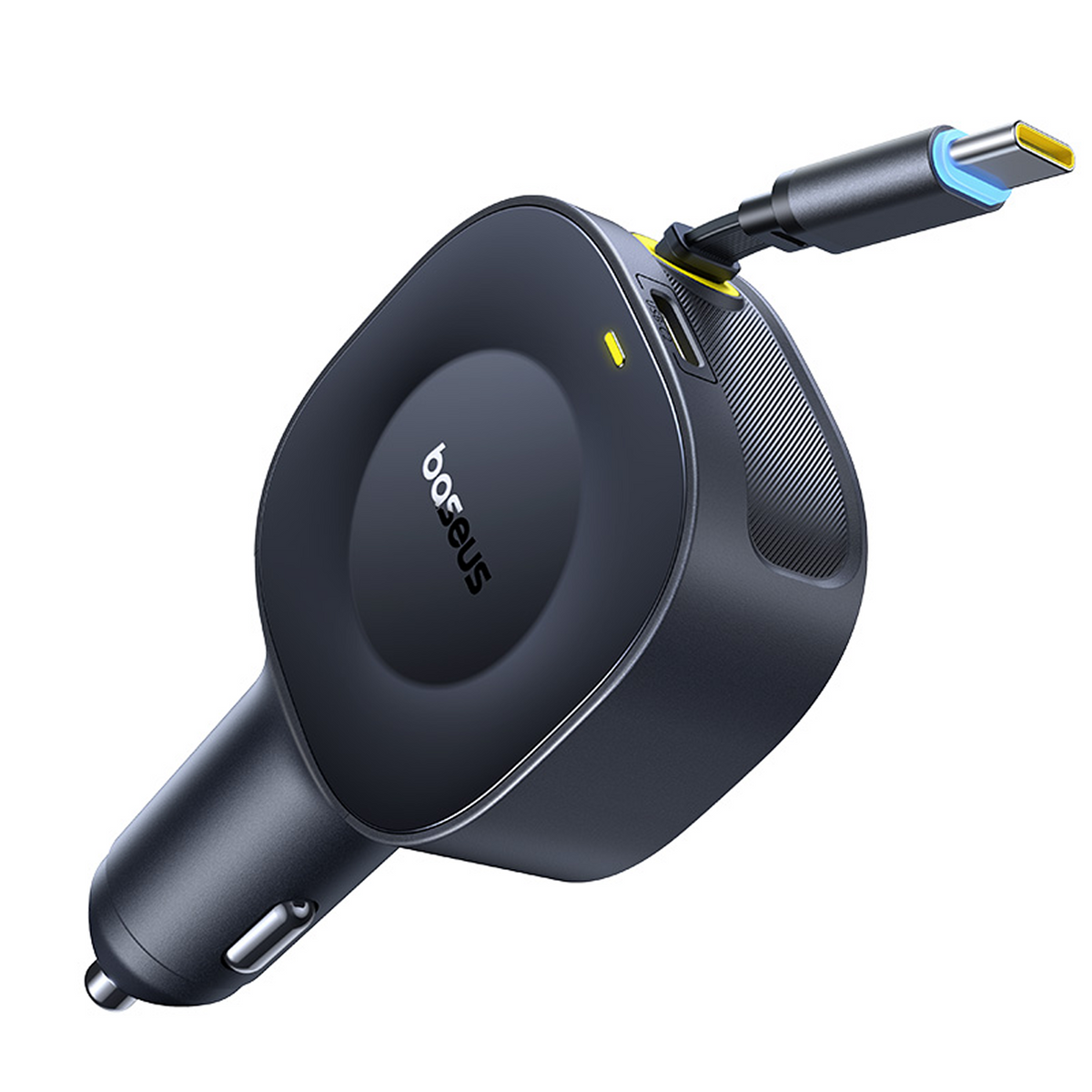 Un caricabatterie per auto Baseus con porta USB-C, nero e grigio. Ha un cavo retrattile e una piccola spia.