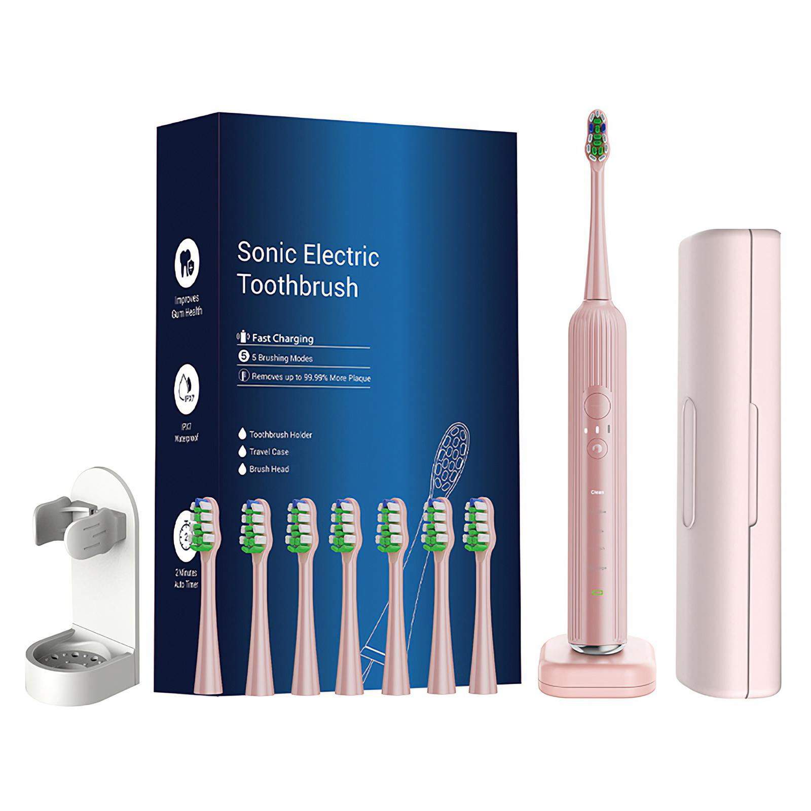 Eine rosa elektrische Zahnbürste mit einer Schachtel, Bürstenköpfen, einem Halter und einer Reisetasche. Auf der Schachtel steht 'Sonic Electric Toothbrush'.