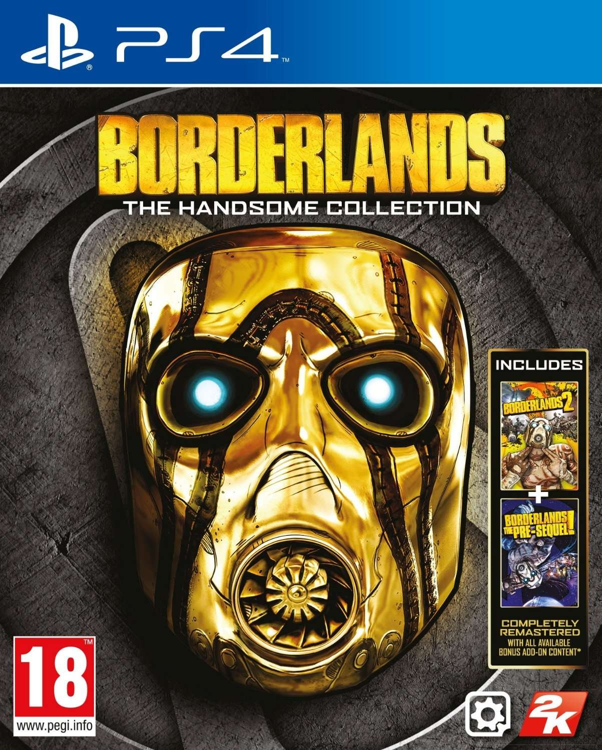 Okładka gry Borderlands: The Handsome Collection. Złota maska z świecącymi oczami w centrum. Zawiera Borderlands 2 i The Pre-Sequel.