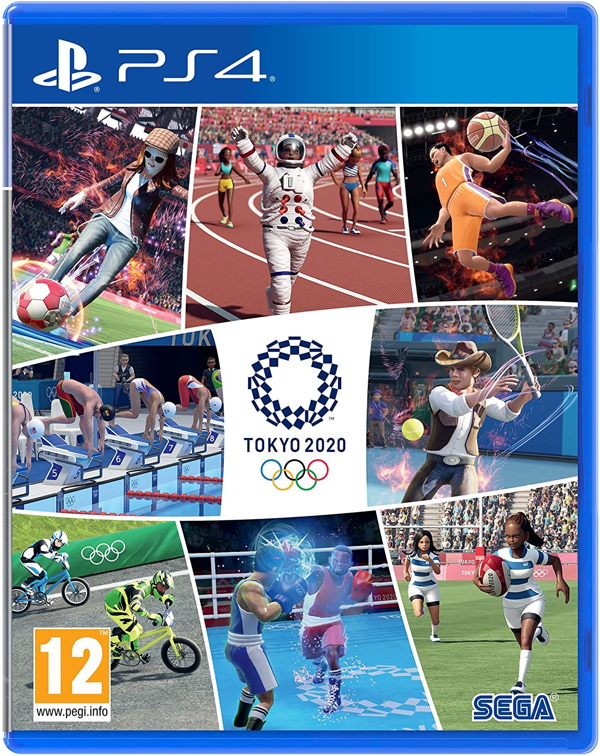Okładka gry na PS4 przedstawia różne sporty olimpijskie, w tym piłkę nożną, lekkoatletykę, koszykówkę, nurkowanie, kolarstwo, boks, tenis i rugby.