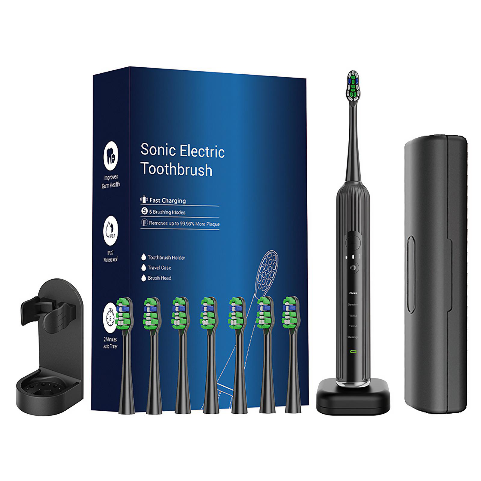 Ein Schall-Zahnbürsten-Set mit mehreren Bürstenköpfen, Ladegerät, Reiseetui und Halter, auf weißem Hintergrund.