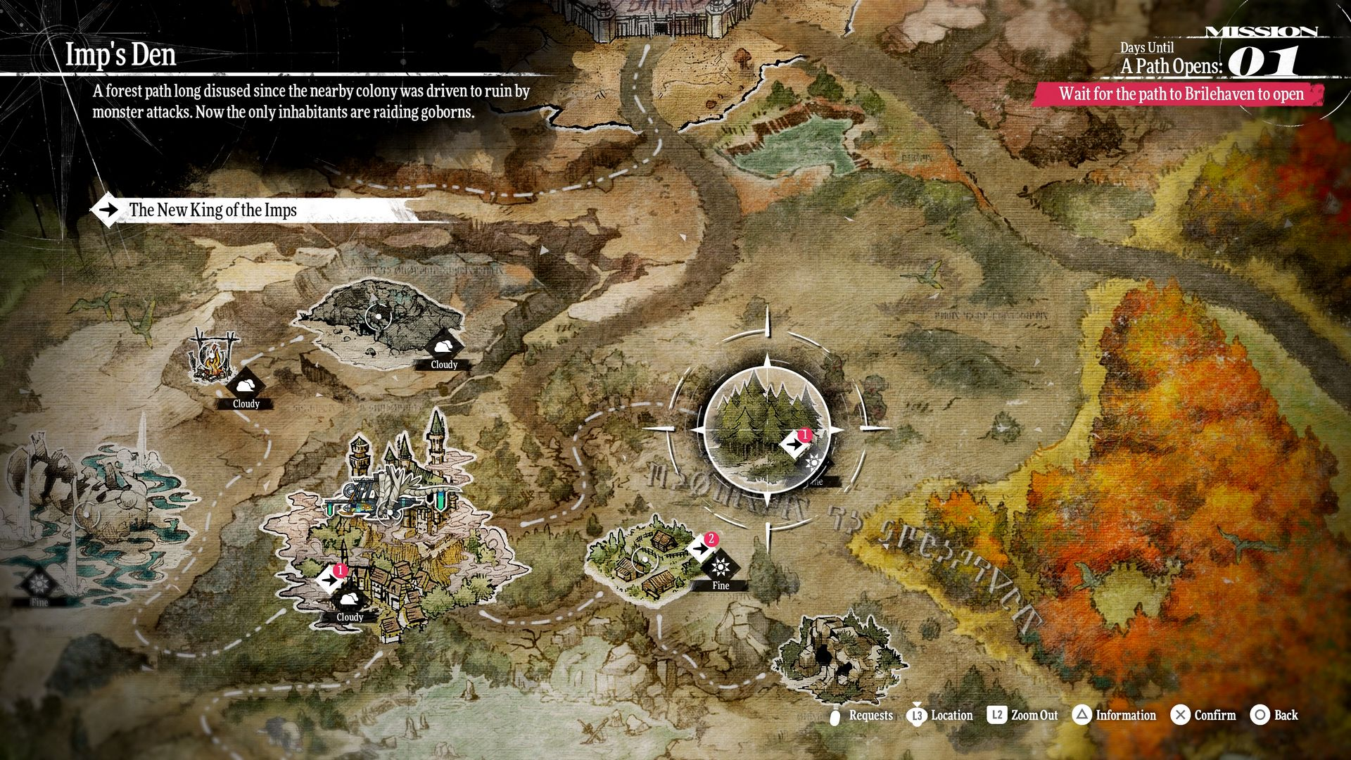 Mapa gry z oznaczonymi lokalizacjami. Mapa pokazuje las, zachmurzone obszary i ścieżkę. Tekst wskazuje misję z odliczaniem.