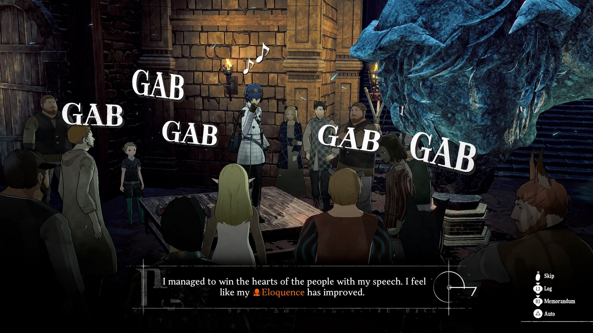 Scena z gry: Zebrani bohaterowie, dymki mówią 'GAB'. Pole tekstowe mówi 'Elocwencja uległa poprawie'.