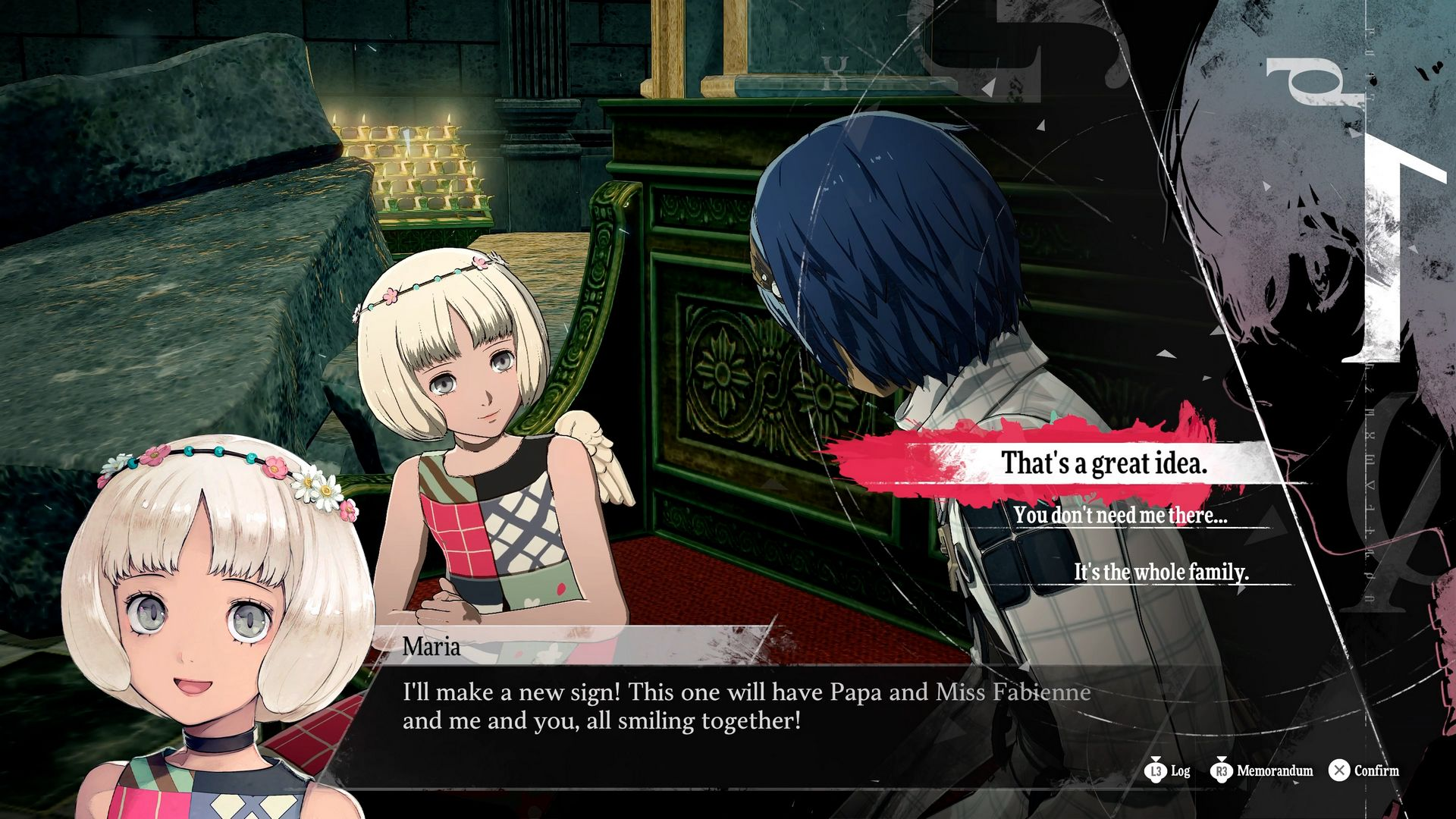 Dwie dziewczyny z anime z kwiatowymi koronami i osoba z niebieskimi włosami rozmawiają. Pojawiają się dymki z tekstem. Podświetlone tło ze świecami.