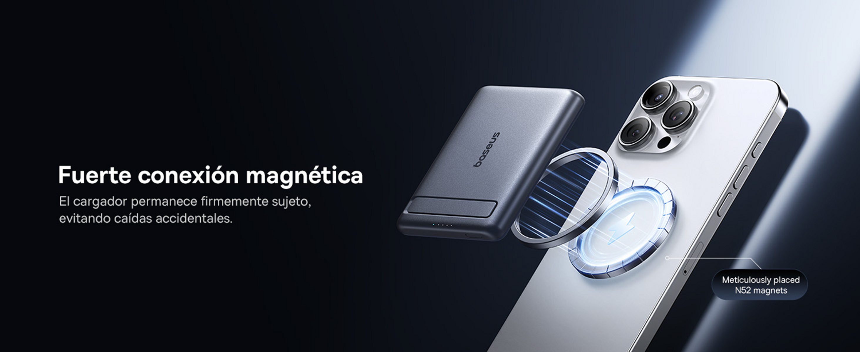 Se muestra un teléfono con un cargador. El cargador está sujeto magnéticamente al teléfono. El texto dice 'Fuerte conexión magnética'.