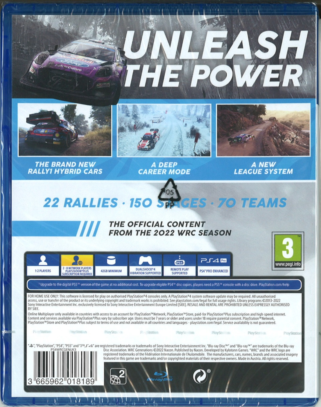 Pudełko z grą z samochodami rajdowymi. Napisy: 'UNLEASH THE POWER', '22 Rallies', '70 Teams'.