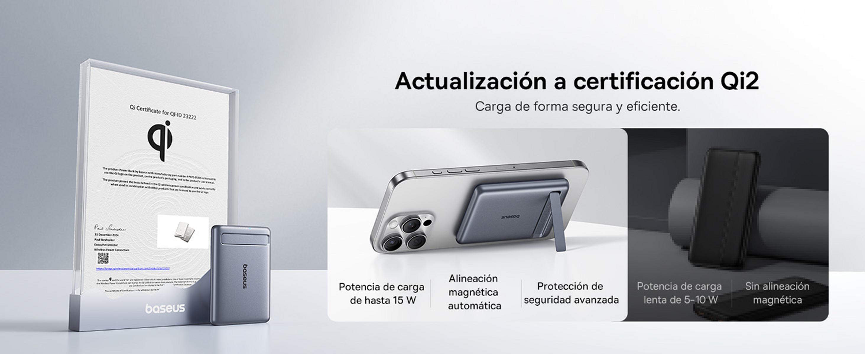 La imagen muestra una certificación Qi2, un teléfono con cargador magnético y un banco de energía. El texto en español describe las funciones.