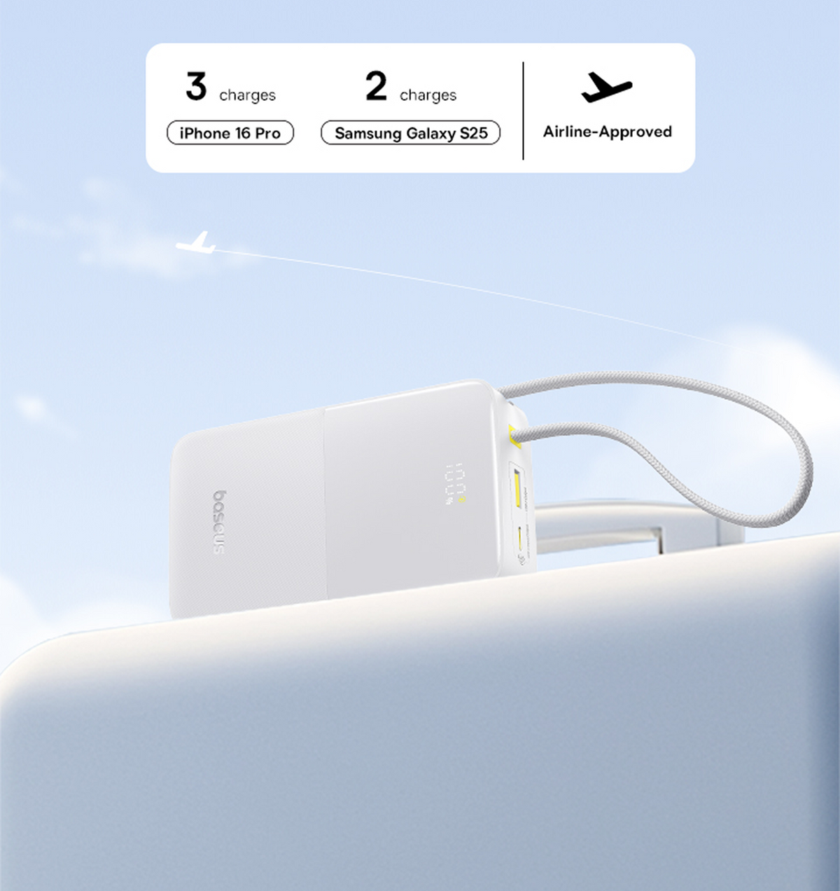 Un power bank bianco con cavo su una superficie. Testo indica ricarica telefoni. Sfondo, cielo azzurro con aereo.