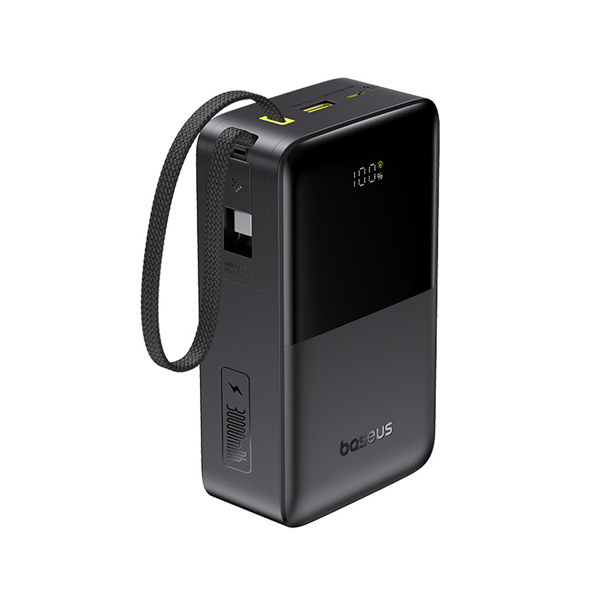 Power bank Baseus nero con cinturino. Mostra il 100% di carica. Ha porte USB e capacità di 30000mAh.