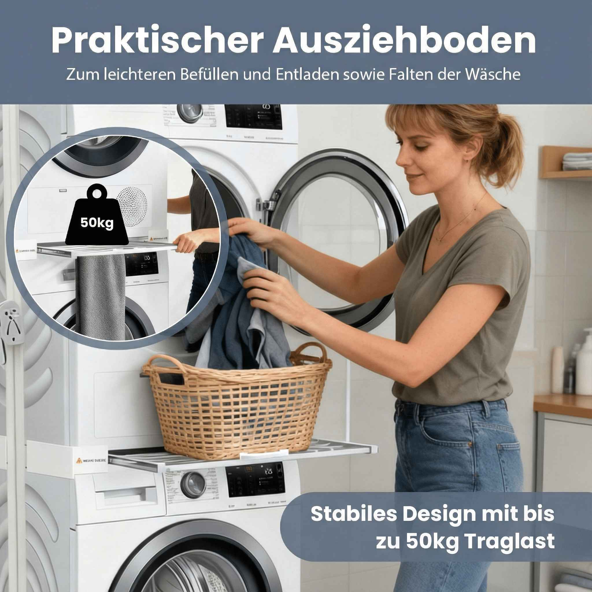 Eine Frau belädt eine Waschmaschine. Ein ausziehbarer Boden hält einen Korb. Text: Praktischer Ausziehboden.