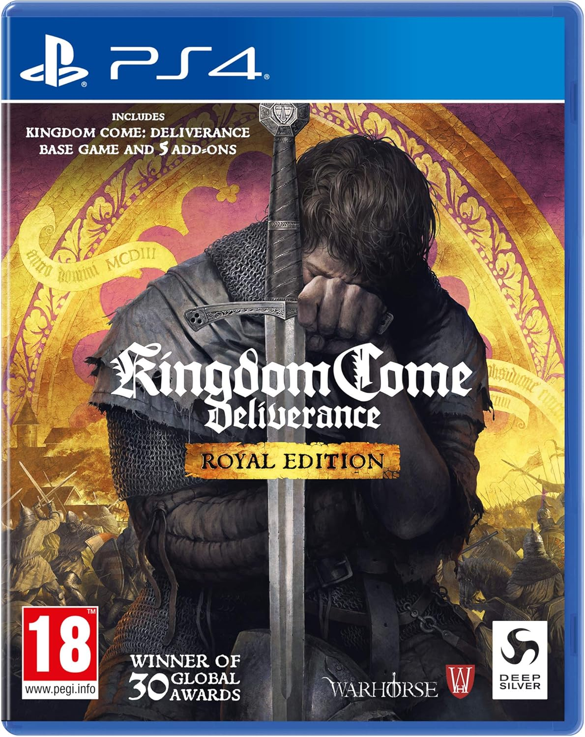 Okładka gry na PS4. Mężczyzna z mieczem, tytuł brzmi 'Kingdom Come: Deliverance Royal Edition'. Zawiera podstawową grę i dodatki.