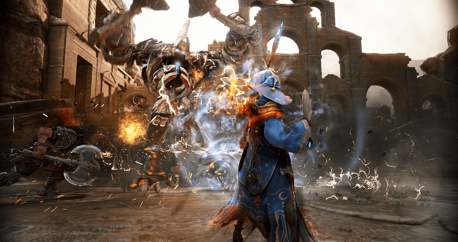 Mag w niebieskiej szacie walczy z gigantycznym potworem. Scenę wypełniają iskry i eksplozje energii. W tle ruiny.