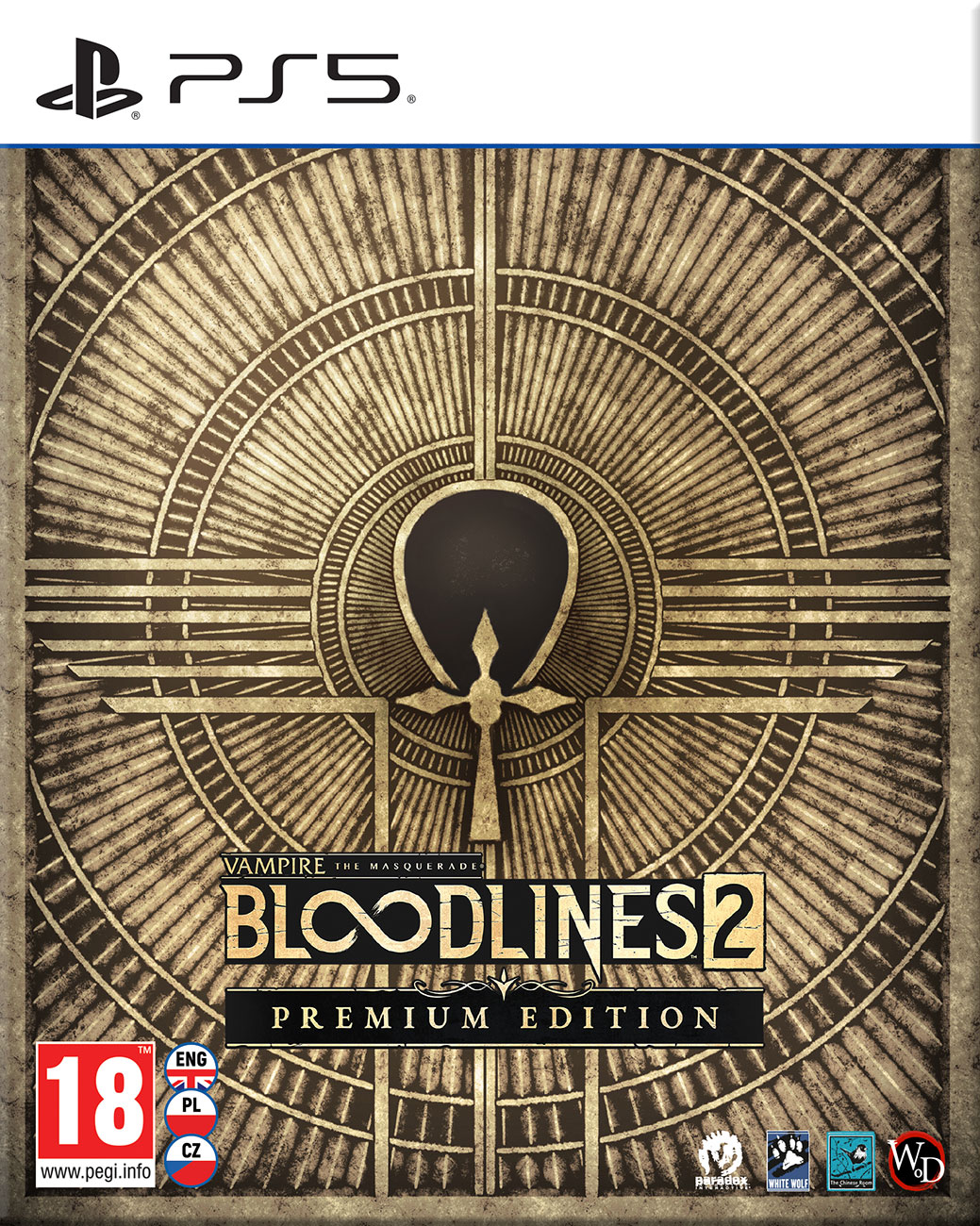 Copertina del gioco Vampire: The Masquerade - Bloodlines 2. Simbolo di ankh dorato su sfondo marrone con titolo e logo del gioco.