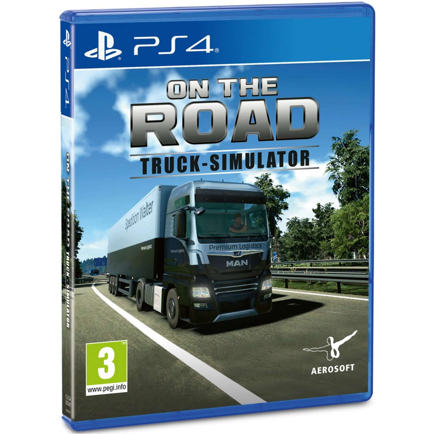 Pudełko z grą na PS4 przedstawia grę symulacyjną ciężarówki. Okładka przedstawia ciężarówkę na drodze z tekstem: On The Road Truck-Simulator.