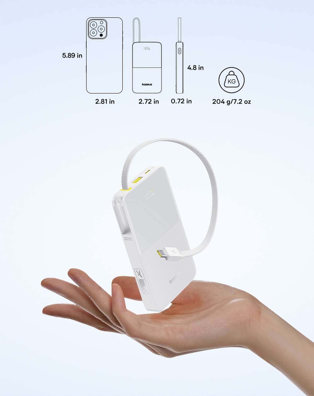 Una mano che tiene un power bank bianco con un cavo. Dimensioni e peso sono mostrati, insieme a un contorno del telefono.