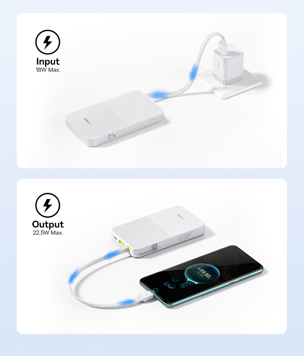 L'immagine mostra un power bank bianco in carica da un adattatore a muro e che carica uno smartphone. Il testo indica le specifiche di alimentazione.