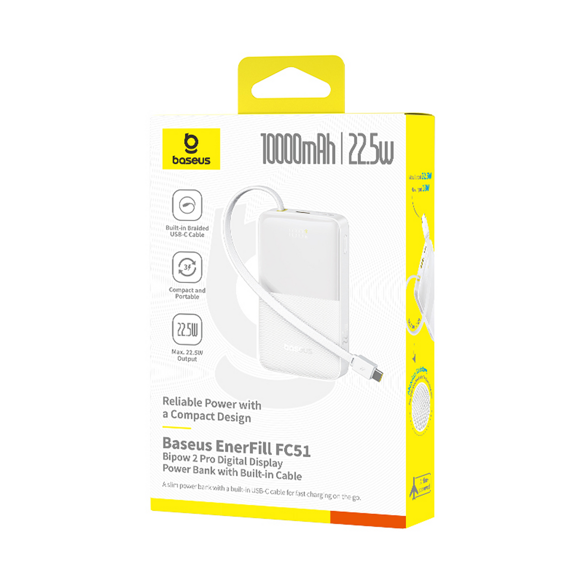 Una scatola bianca per power bank Baseus. Ha un cavo USB-C integrato e una capacità di 10000 mAh | 22,5 W. La scatola è gialla e bianca.