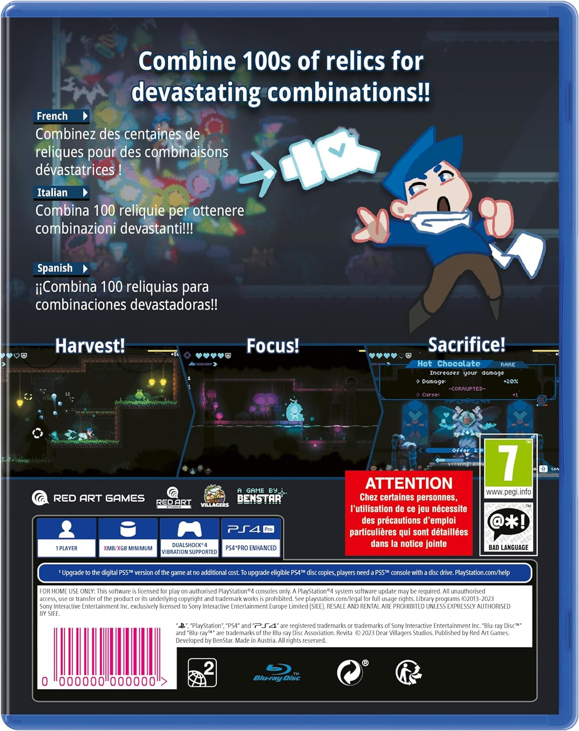 Grafika pudełka gry pokazuje postać ubraną na niebiesko, tytuł gry i tekst w wielu językach. Zawiera również ocenę gry.