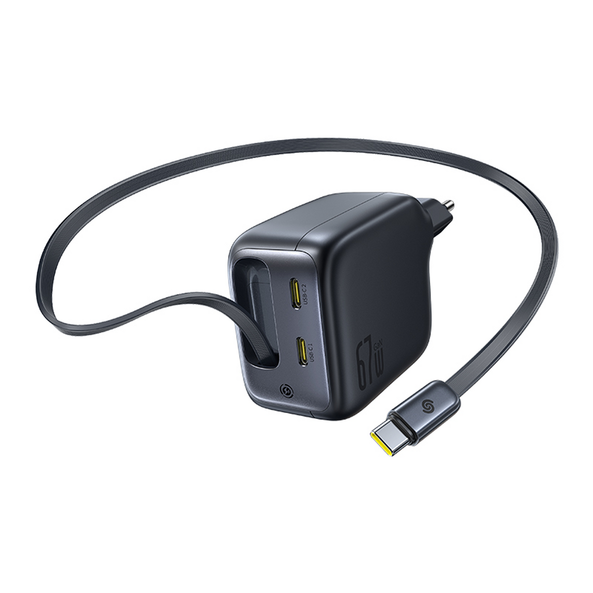 Un caricatore GaN nero da 67W con cavo USB-C. Ha due porte USB-C e una spina. Il cavo si curva elegantemente.