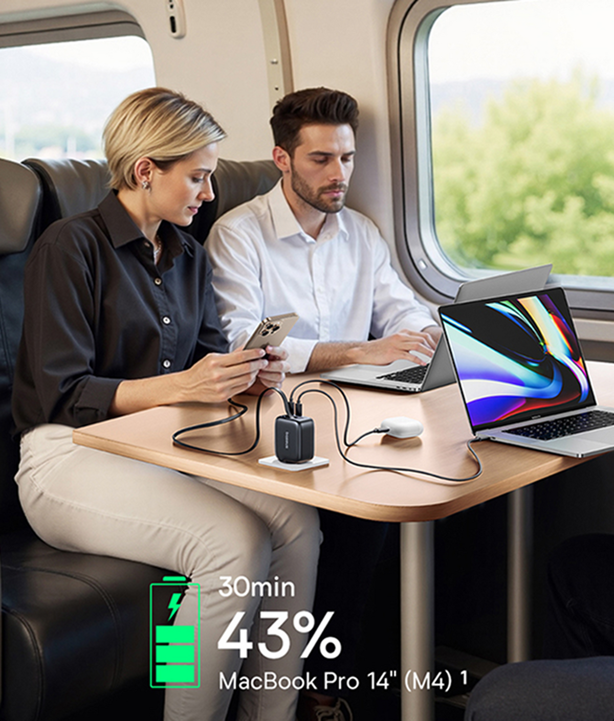 Due persone in treno usano laptop e telefoni. Un caricatore alimenta i dispositivi sul tavolo. La batteria è al 43%.