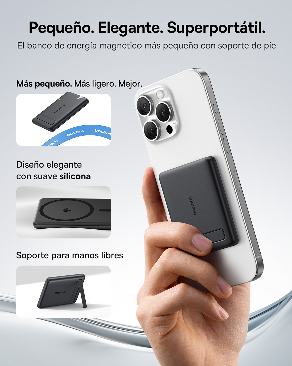 Una mano tiene un telefono bianco con un power bank magnetico nero attaccato. Il testo promuove le sue dimensioni ridotte, l'eleganza e la portabilità.