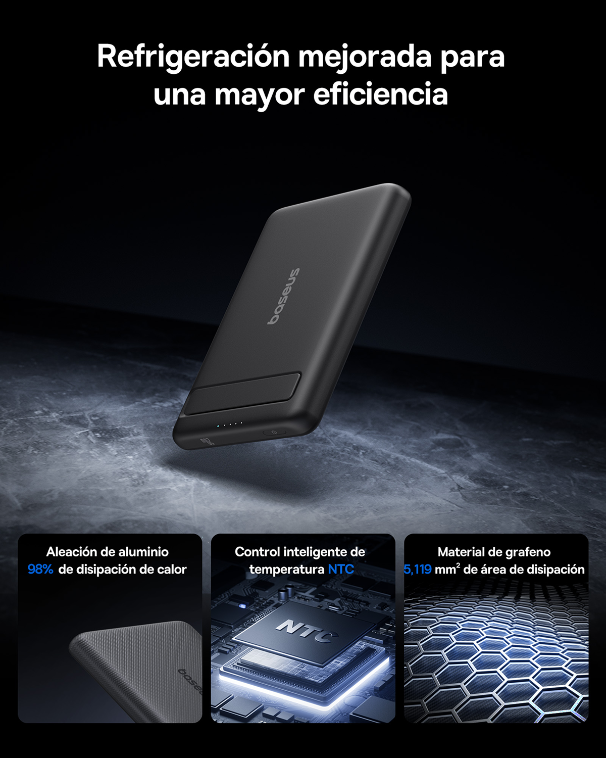 Power bank Baseus nera con testo su raffreddamento e efficienza migliorati. Lega di alluminio, controllo NTC e grafene.