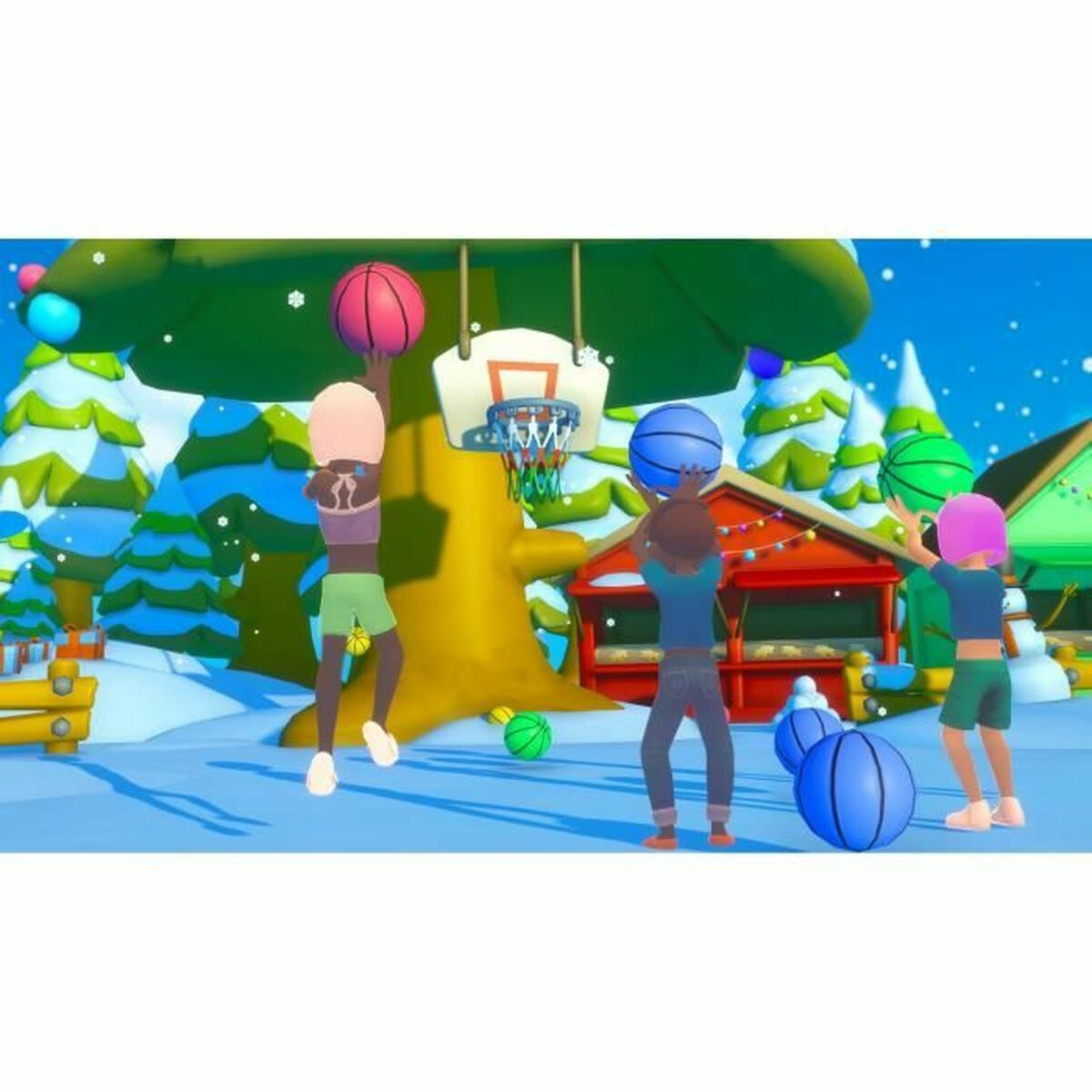 Trzy kreskówkowe postacie rzucają piłkami do koszykówki. W tle drzewo, śnieg i budynek. Piłki do koszykówki są różowe, niebieskie i zielone.