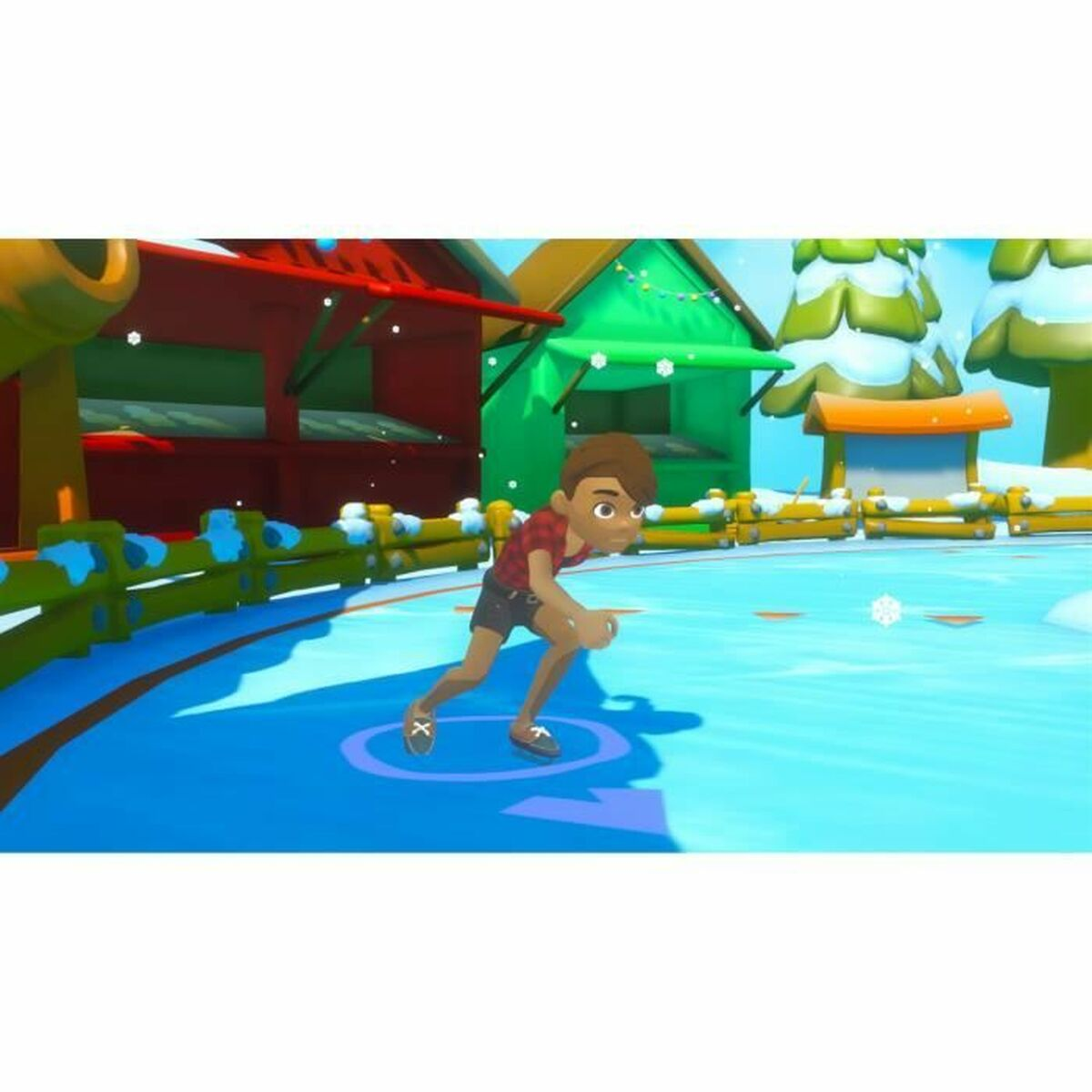 Kreskówkowy chłopiec jeździ na łyżwach na niebieskim lodowisku. Za nim budynki z czerwonymi i zielonymi ścianami. Białe ogrodzenie na pierwszym planie.