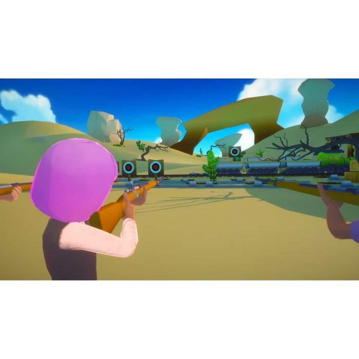 Scena z kreskówki przedstawia ludzi celujących z karabinów do celów. Krajobraz pustynny z błękitnym niebem. Widoczny kaktus i pociąg.