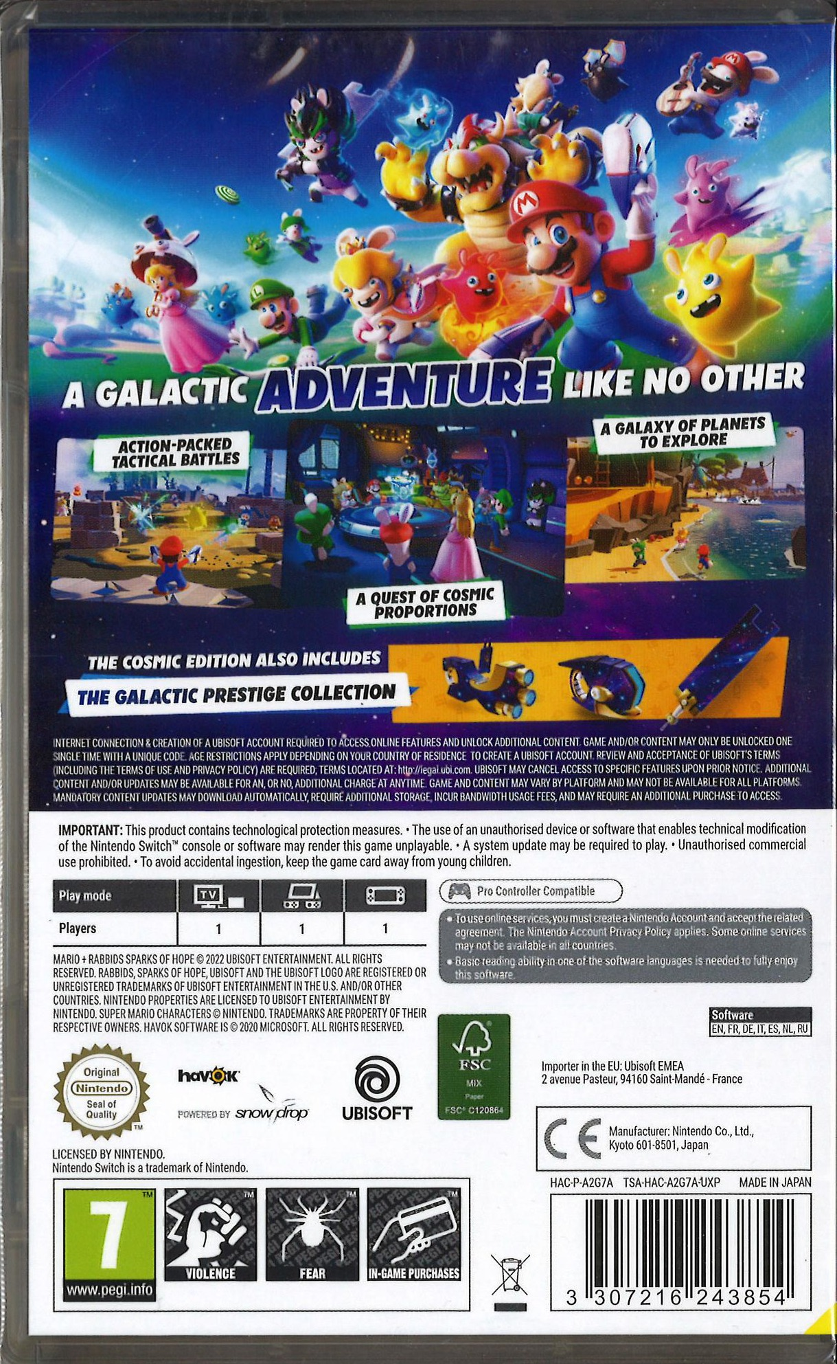 Okładka gry z postaciami Mario, tytułem 'A Galactic Adventure', planetami i scenami akcji.