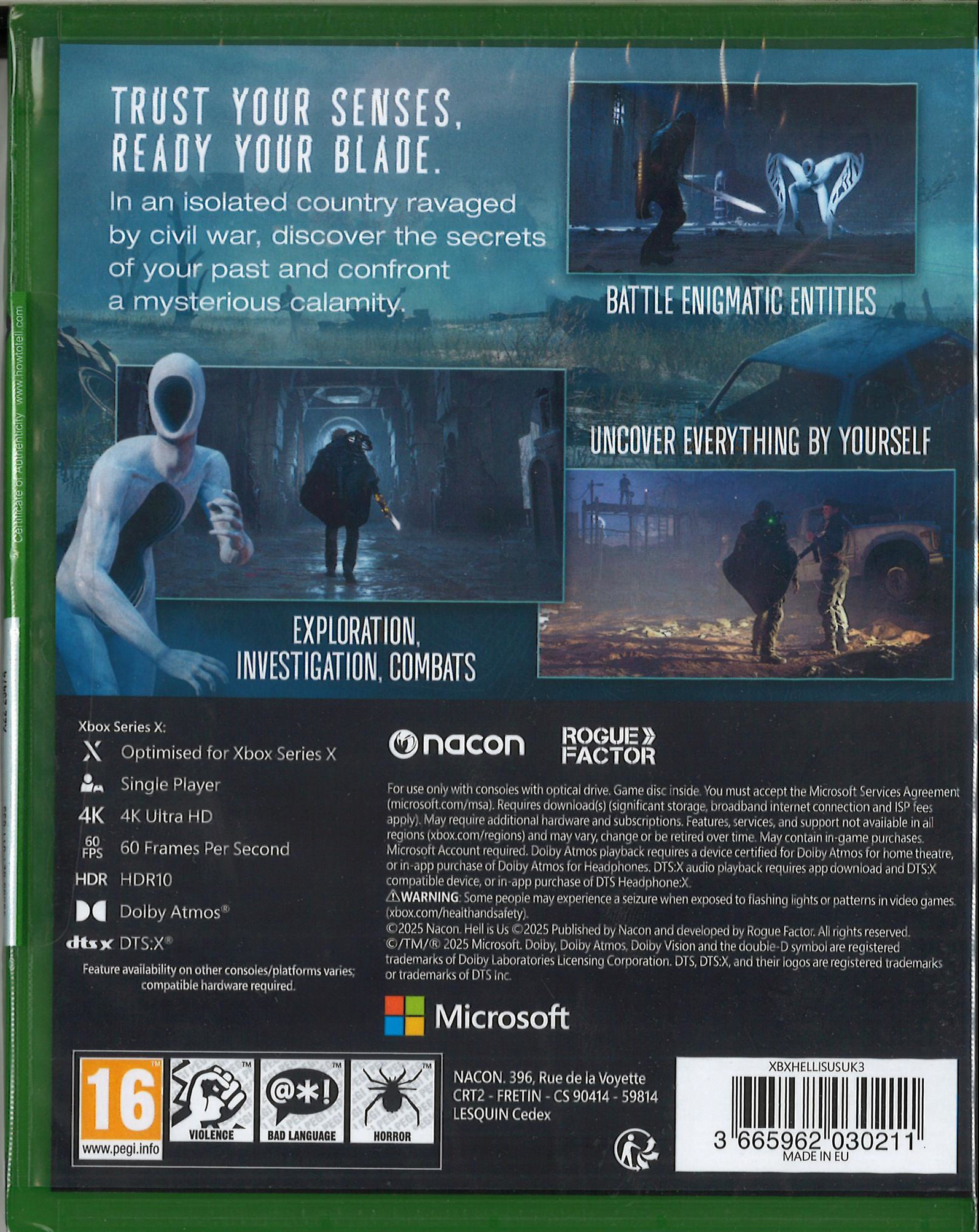 Pudełko z grą, czarne tło, biały tekst: Zaufaj swoim zmysłom, przygotuj ostrze. Postacie w ciemnym otoczeniu. PEGI 16.