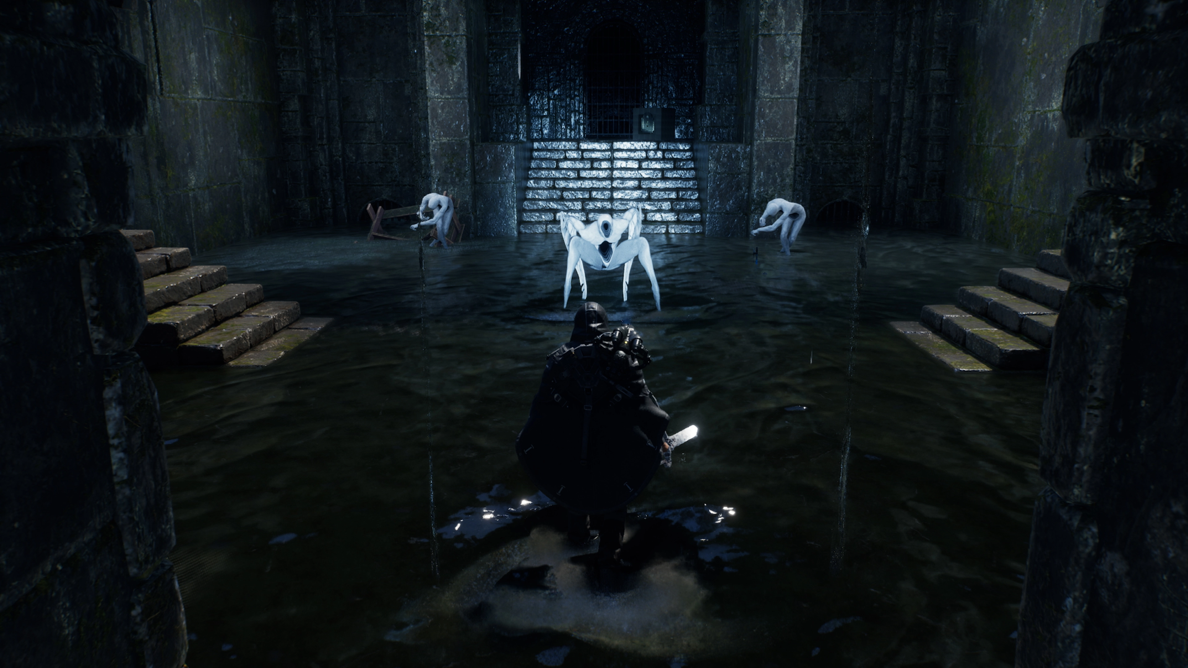 Postać z mieczem staje naprzeciw pajęczakom w zalanej, ciemnej komnacie ze schodami i kratą.