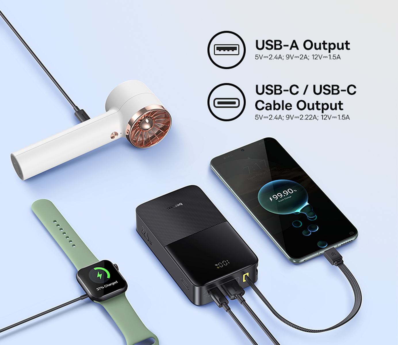 Un telefono, un orologio e un asciugacapelli si stanno caricando da un power bank nero. Lo schermo del telefono mostra lo stato di carica.