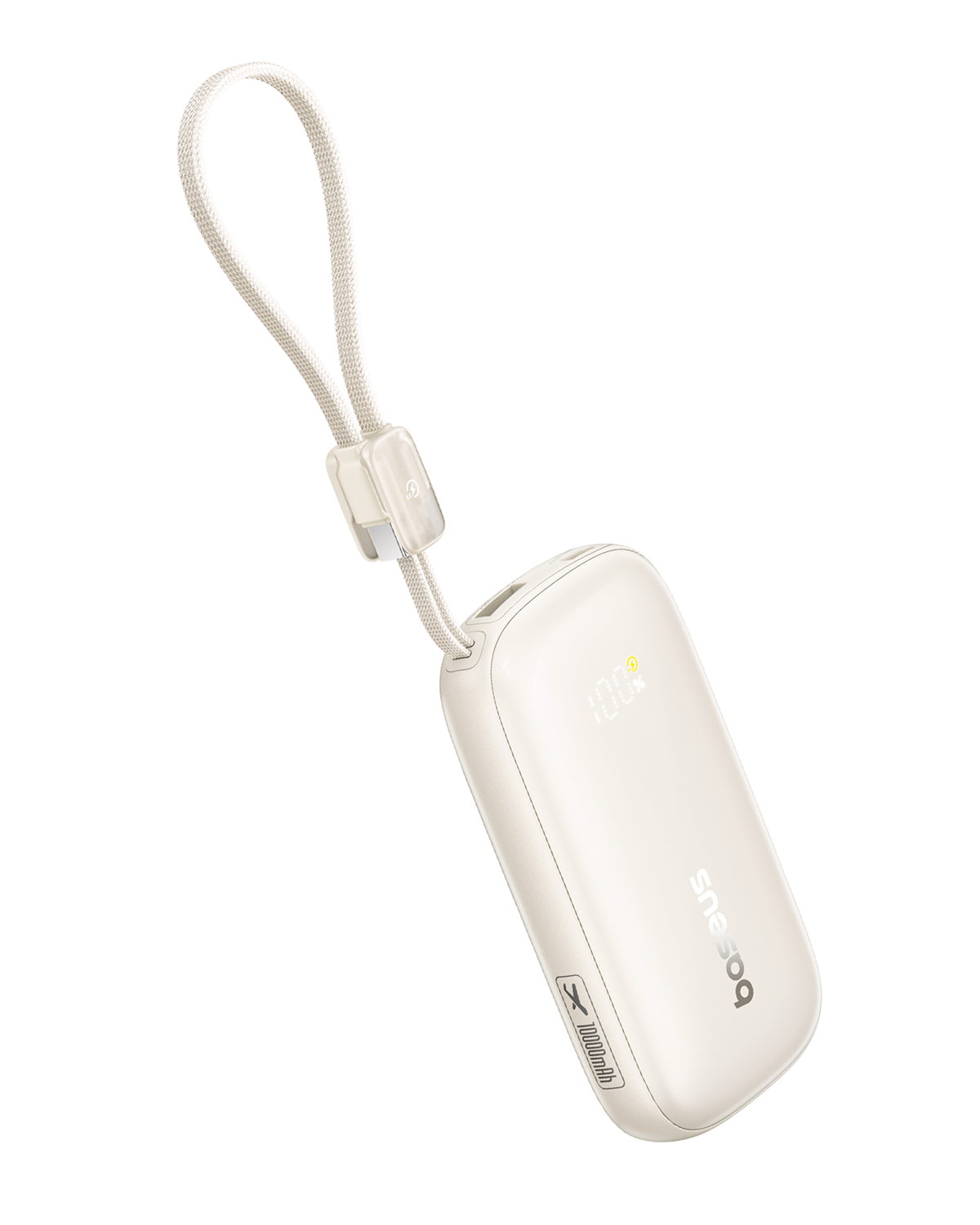 Beyaz Baseus powerbank, kayışlı. %100 şarj gösteriyor. Kapasite 10000mAh. Beyaz bir kayışı var.