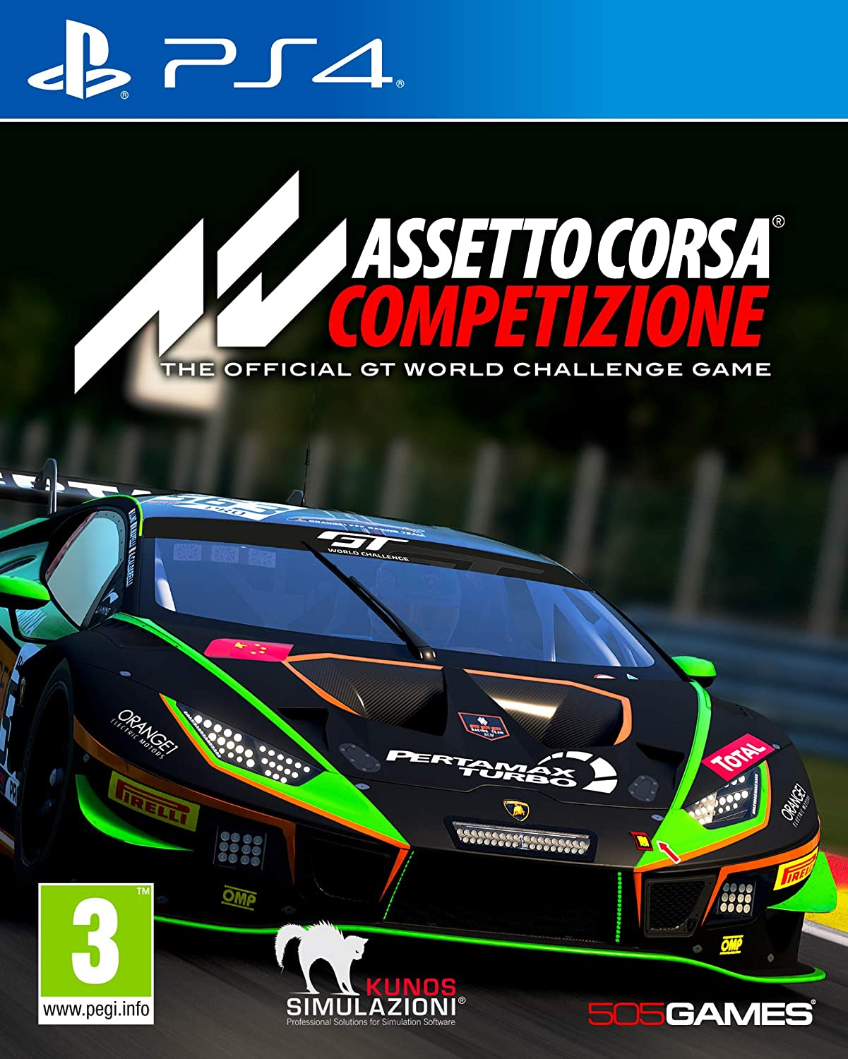 Okładka gry na PS4. Czarny i zielony samochód wyścigowy jest wyśrodkowany. Tytuł to Assetto Corsa Competizione. Widoczne logo i sponsorzy.