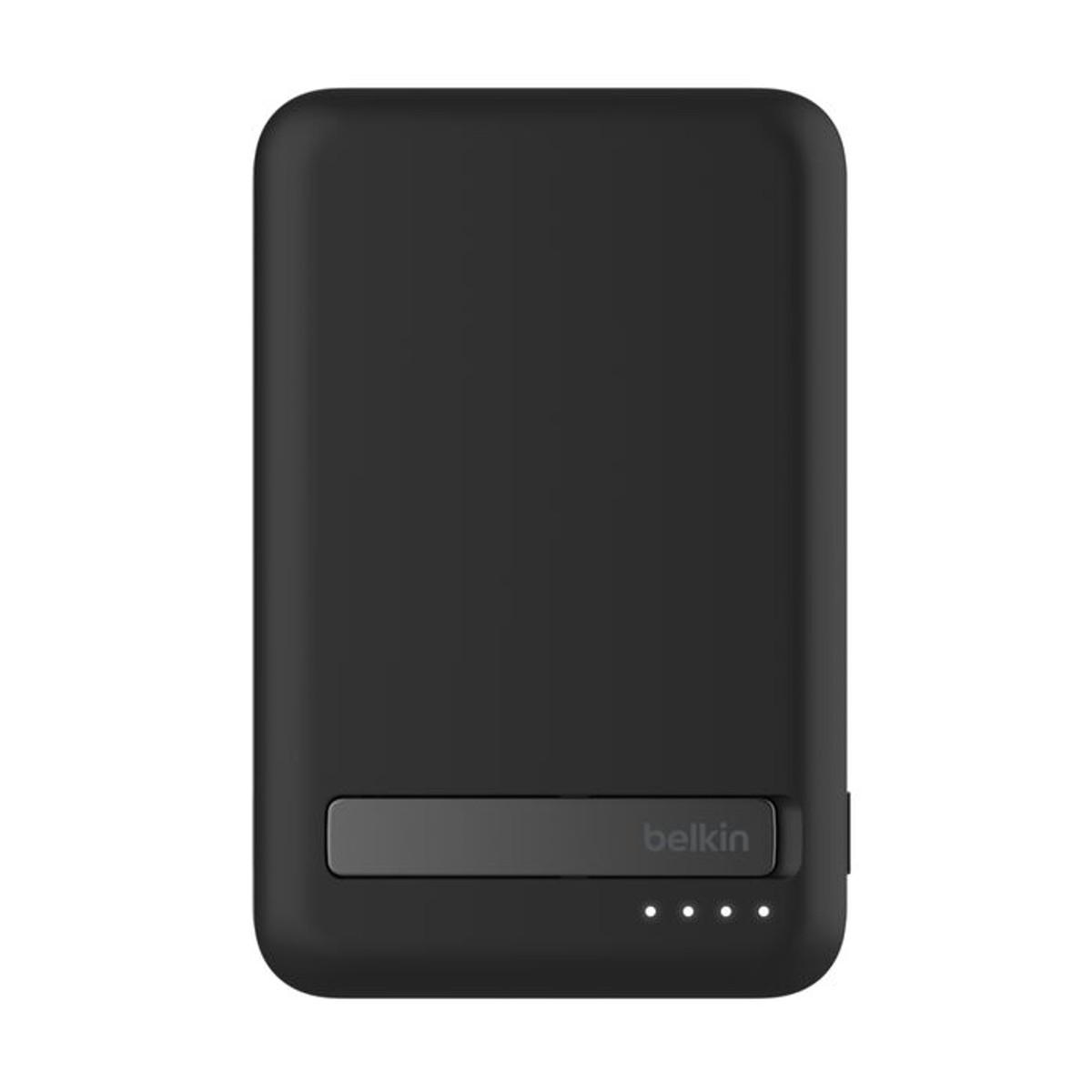 Een zwarte Belkin powerbank, rechthoekig met afgeronde hoeken. Het heeft een grijze balk, het Belkin-logo en drie witte indicatielampjes.