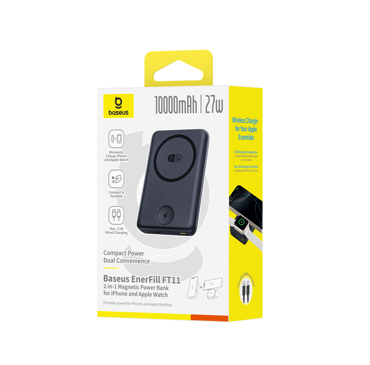 Una scatola del power bank Baseus EnerFill FT11. Offre ricarica wireless per iPhone e Apple Watch, con capacità di 10000mAh.