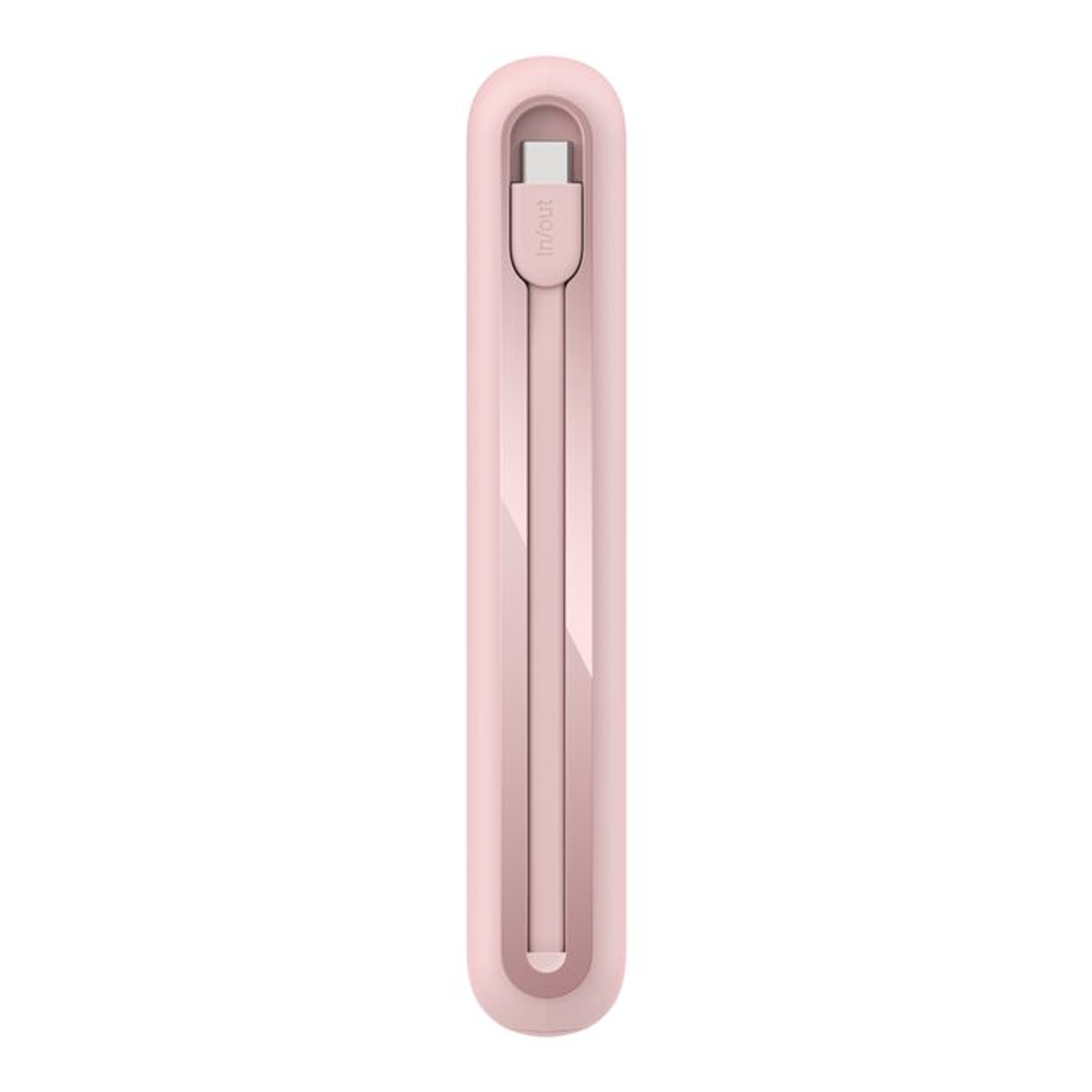 Una custodia rosa rettangolare contiene un cavo bianco. La parte superiore ha un design arrotondato con il connettore del cavo.