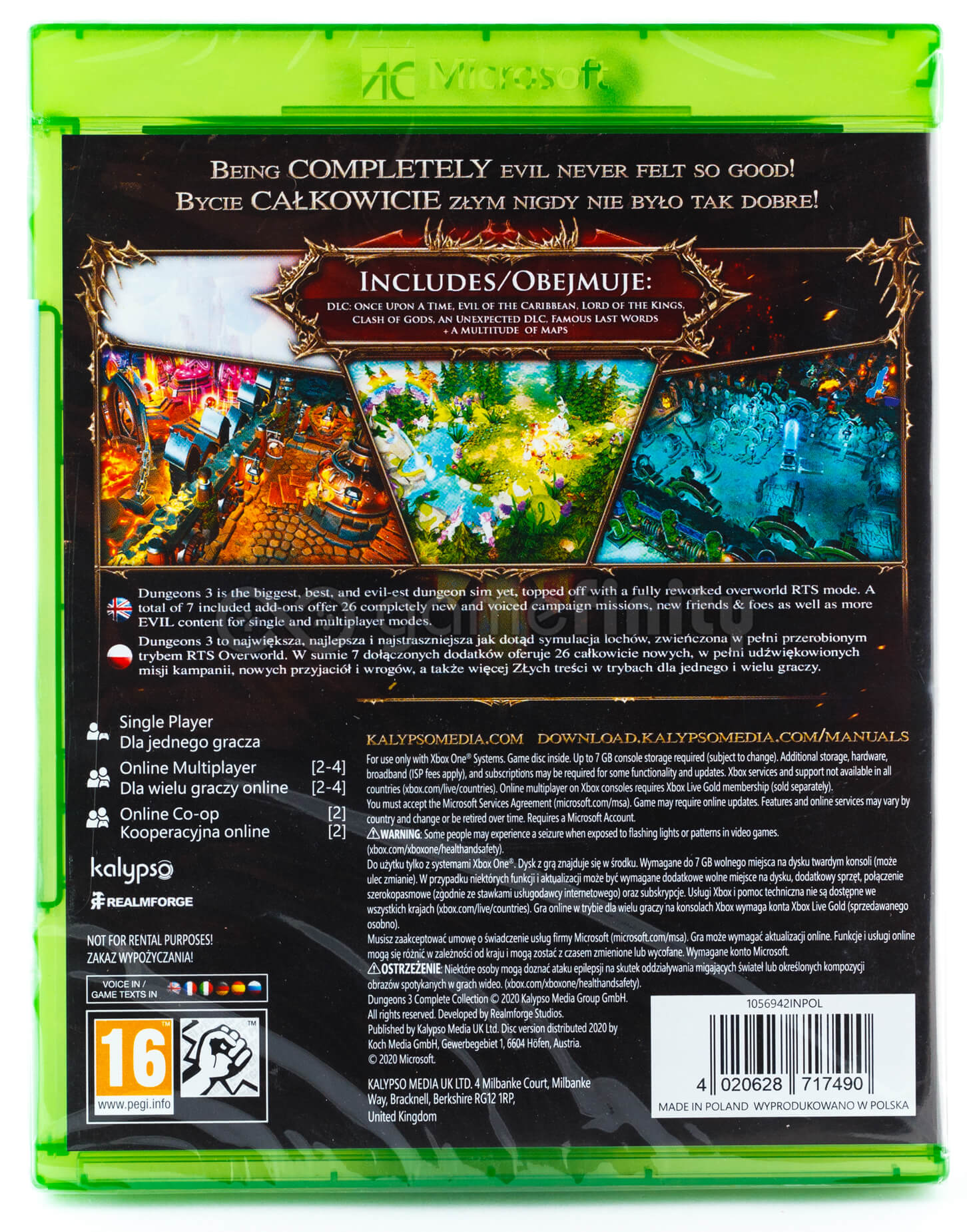 Pudełko gry Dungeons 3. Zielona plastikowa obudowa ze szczegółami gry i oznaczeniem wiekowym 16.