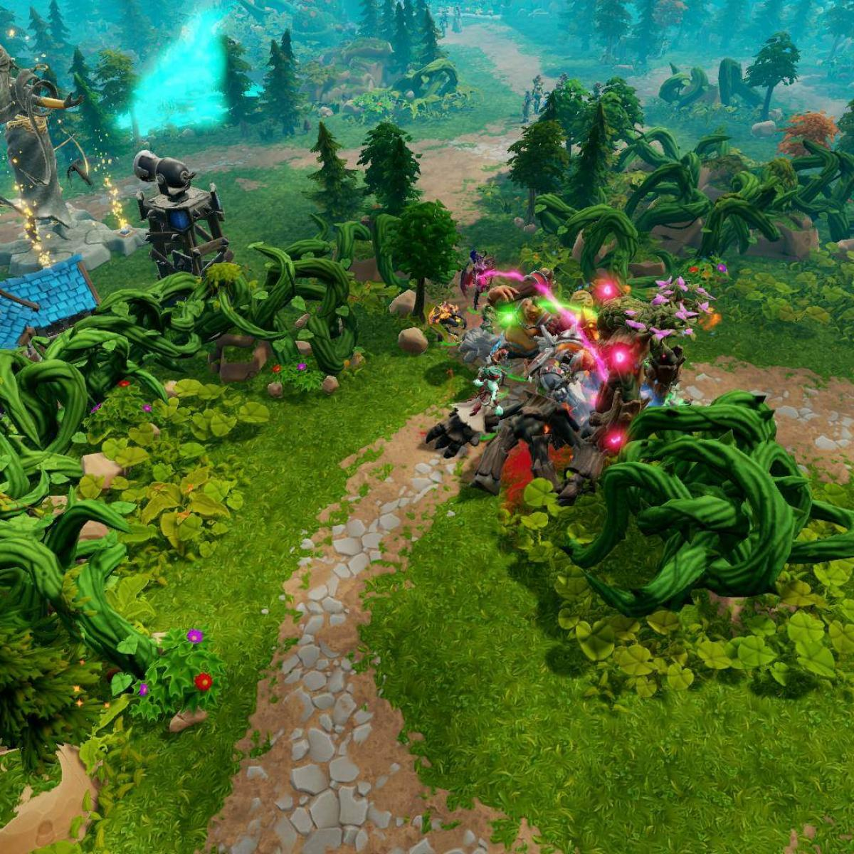 Scena fantasy ze ścieżką, drzewami i walczącymi postaciami. Widoczne są zielone pnącza, kamienna ścieżka i niebieska poświata.