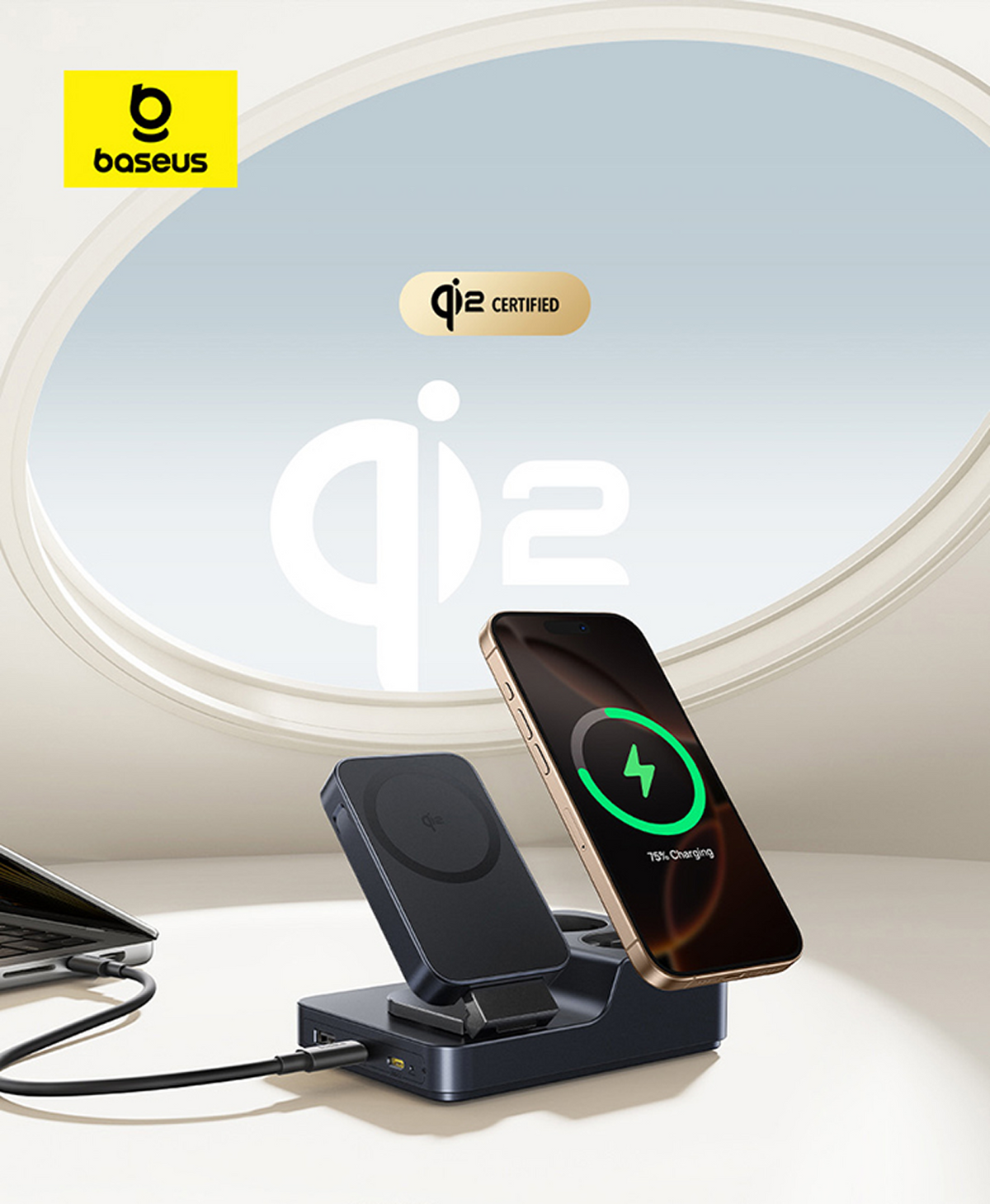 Un telefono si carica su un caricatore wireless nero. Il telefono mostra la carica al 75%. Il logo Baseus è in alto a sinistra.