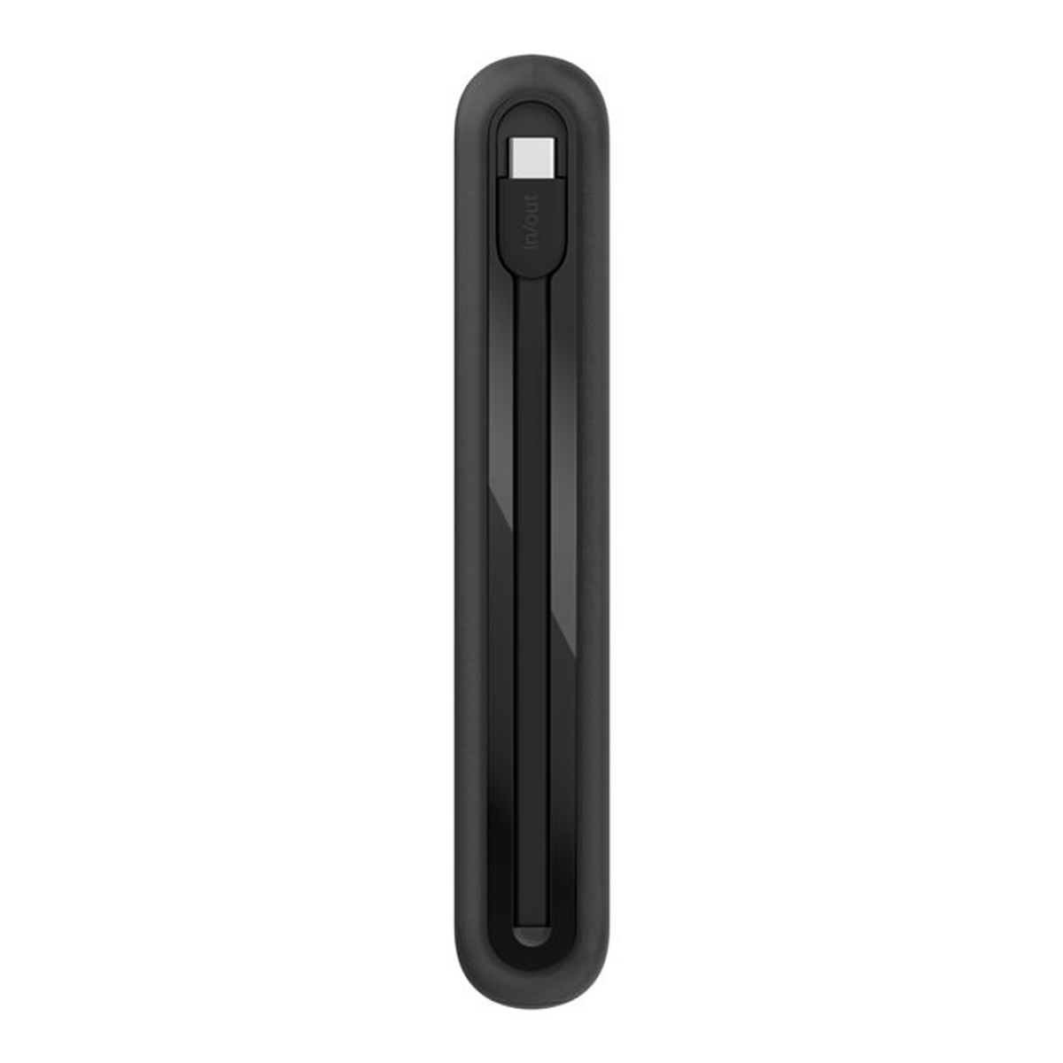 Ein schwarzes, längliches Gerät mit abgerundeten Enden. Oben befindet sich ein weißer Stecker. Das Gerät hat eine glänzende Oberfläche.